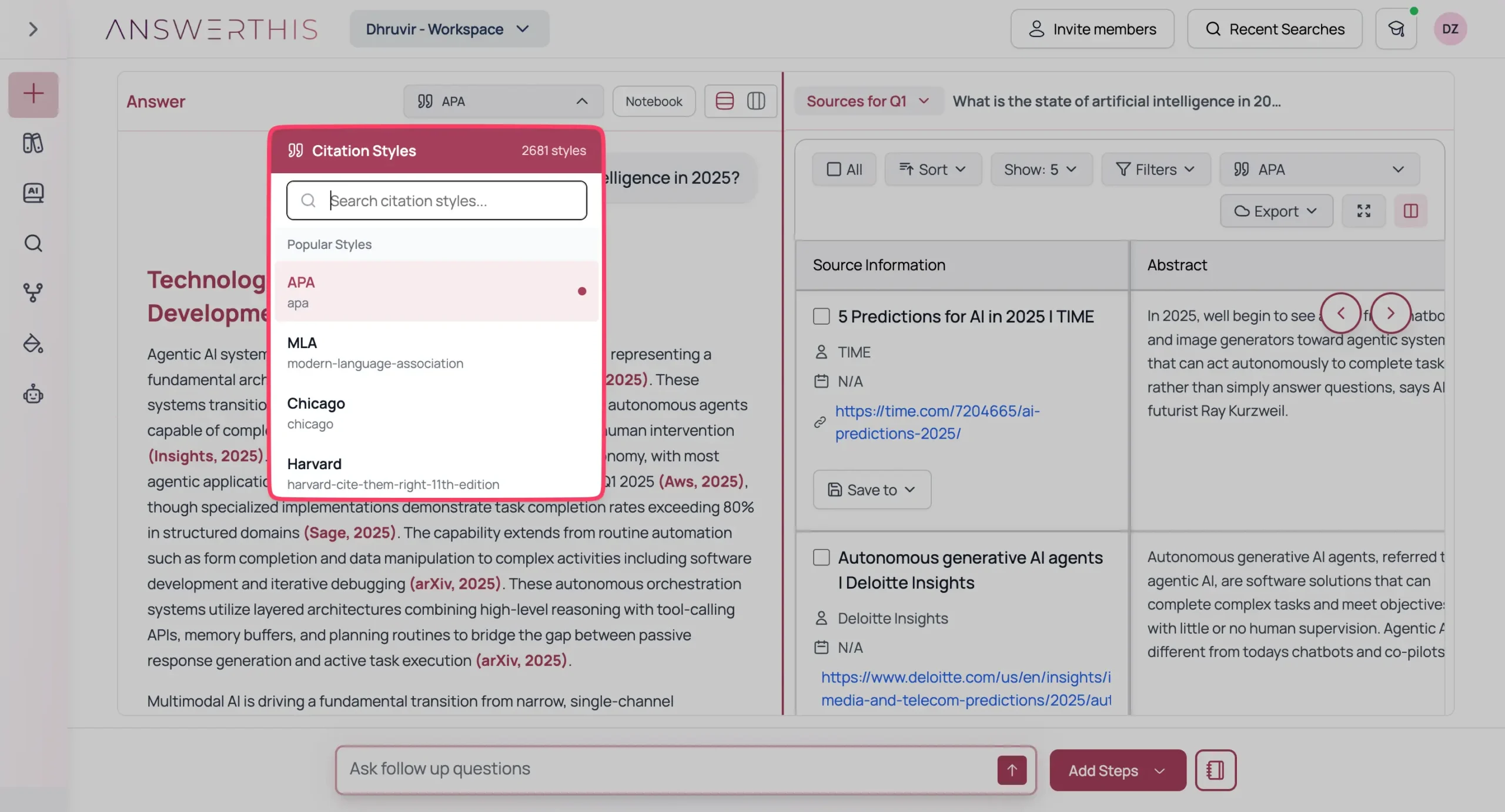 Citation style options in AnswerThis