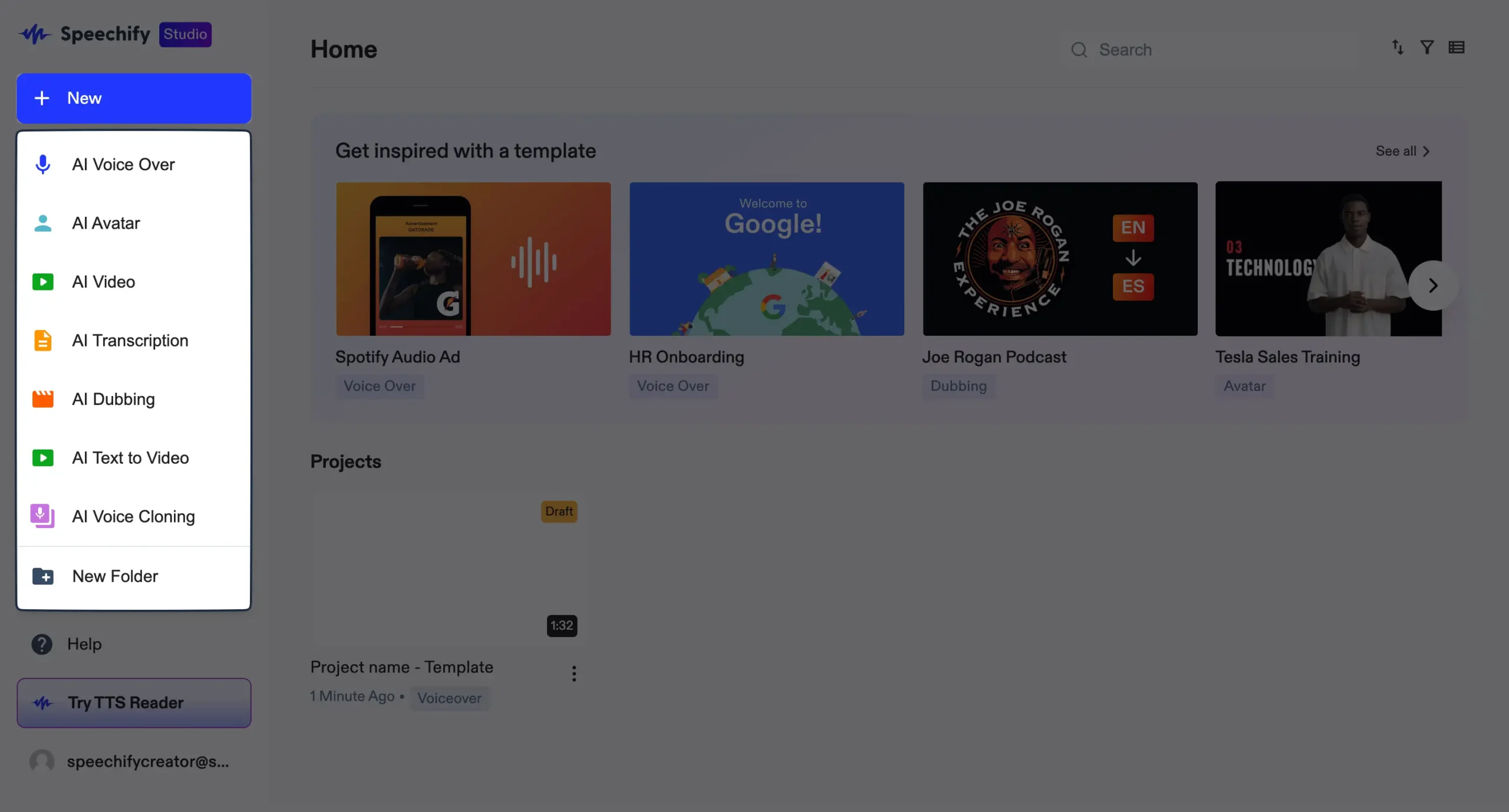 Click on the new button in Speechify Studio enables all the options