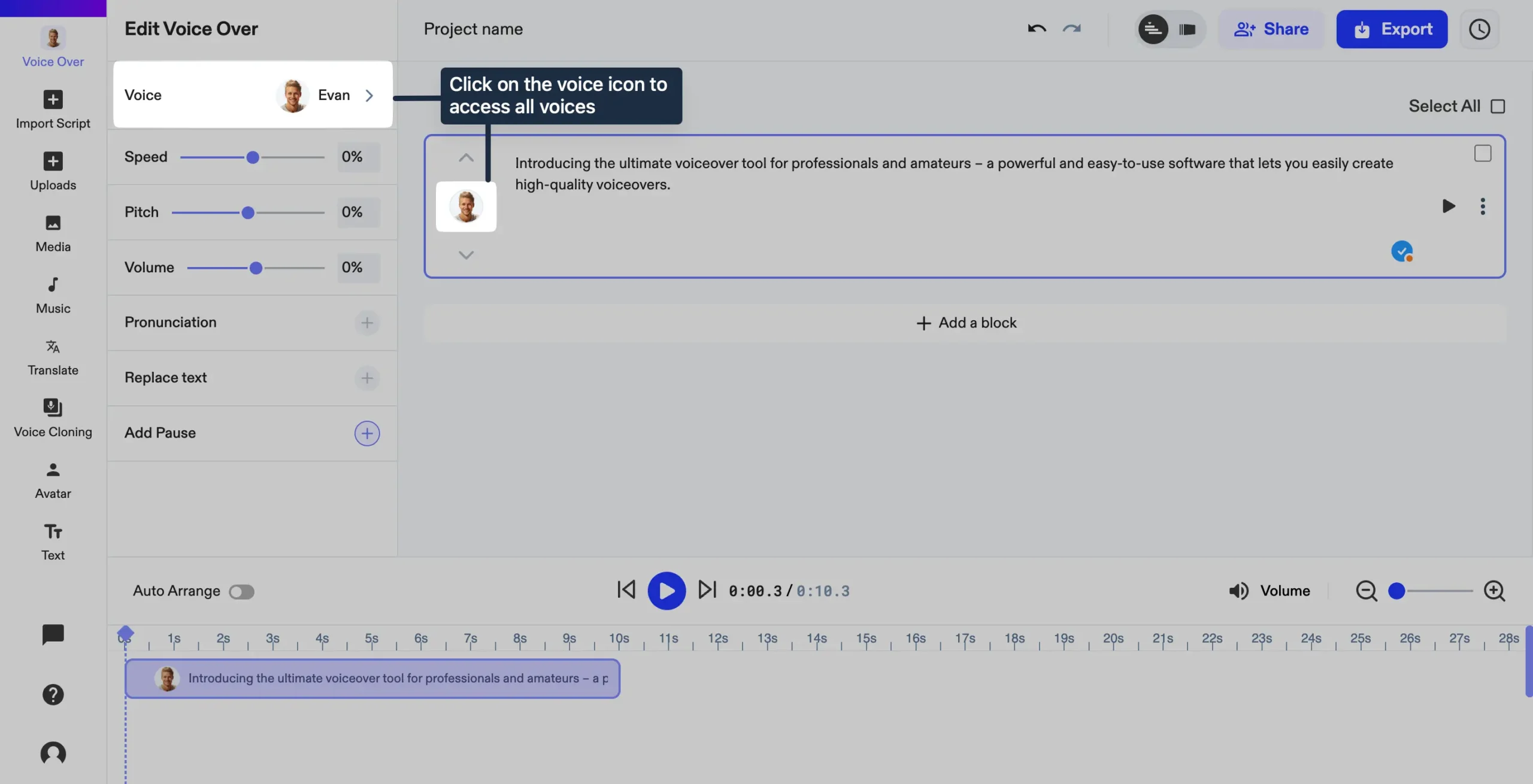 Click on the voice icon to access all voices