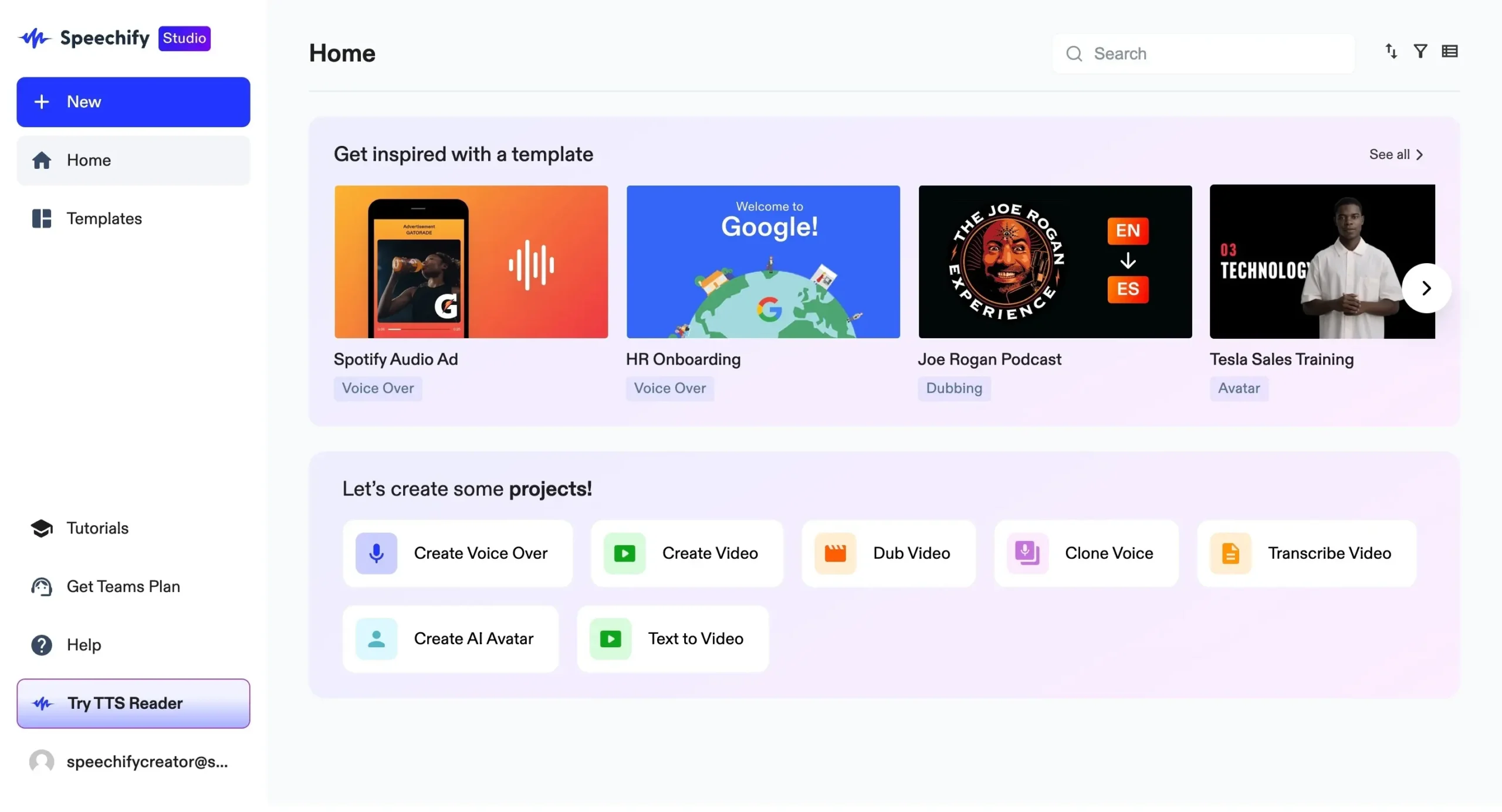 Speechify Studio Dashboard