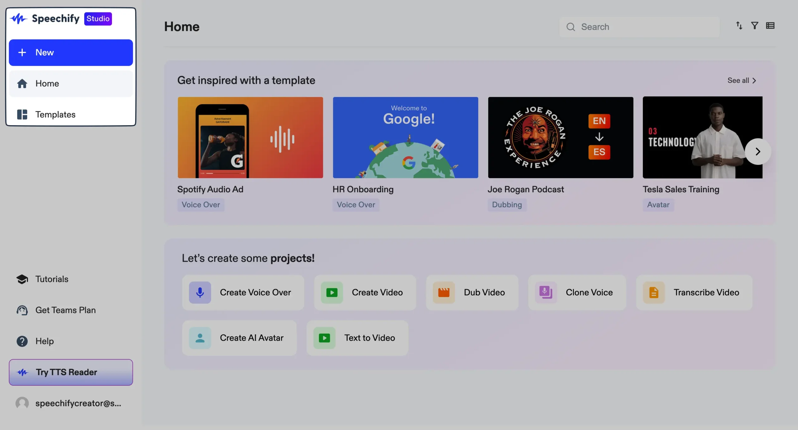 Speechify Studio's left sidebar