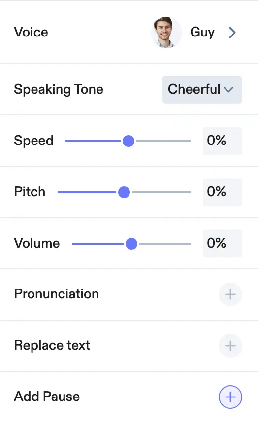 Additional Speechify features like speed, pitch, volume, pauses, pronounciation, etc