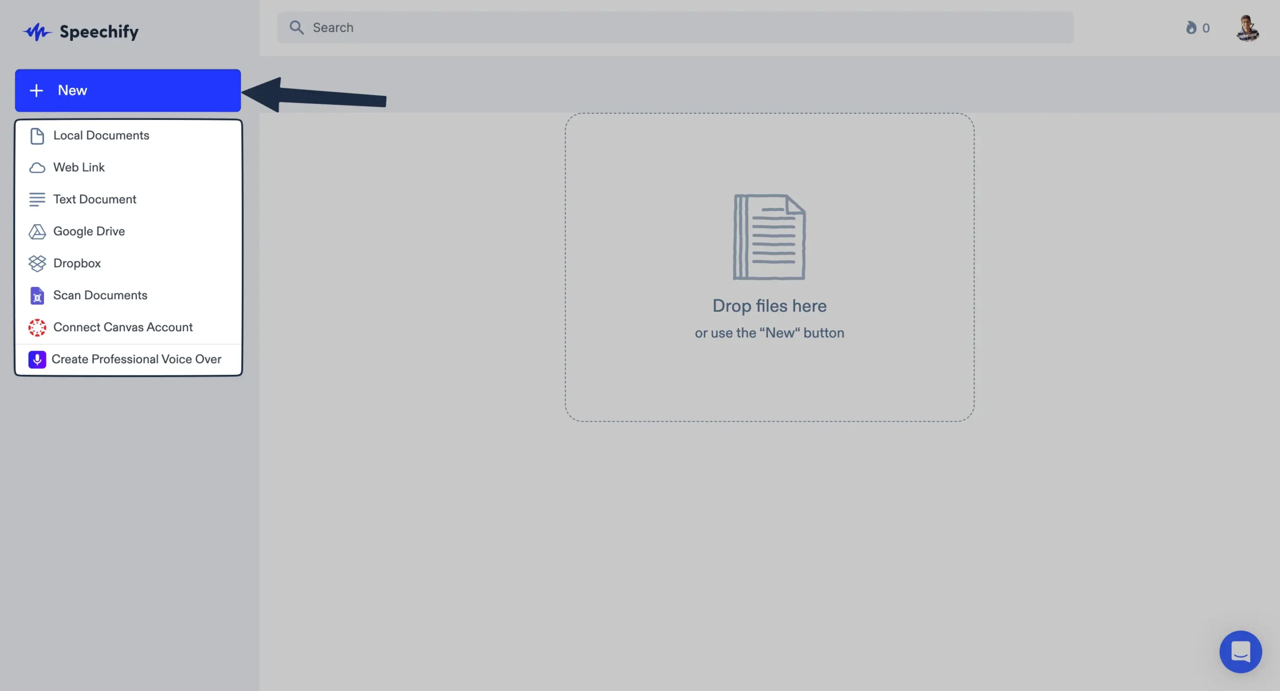 Click on the new button in Speechify to import files to listen to