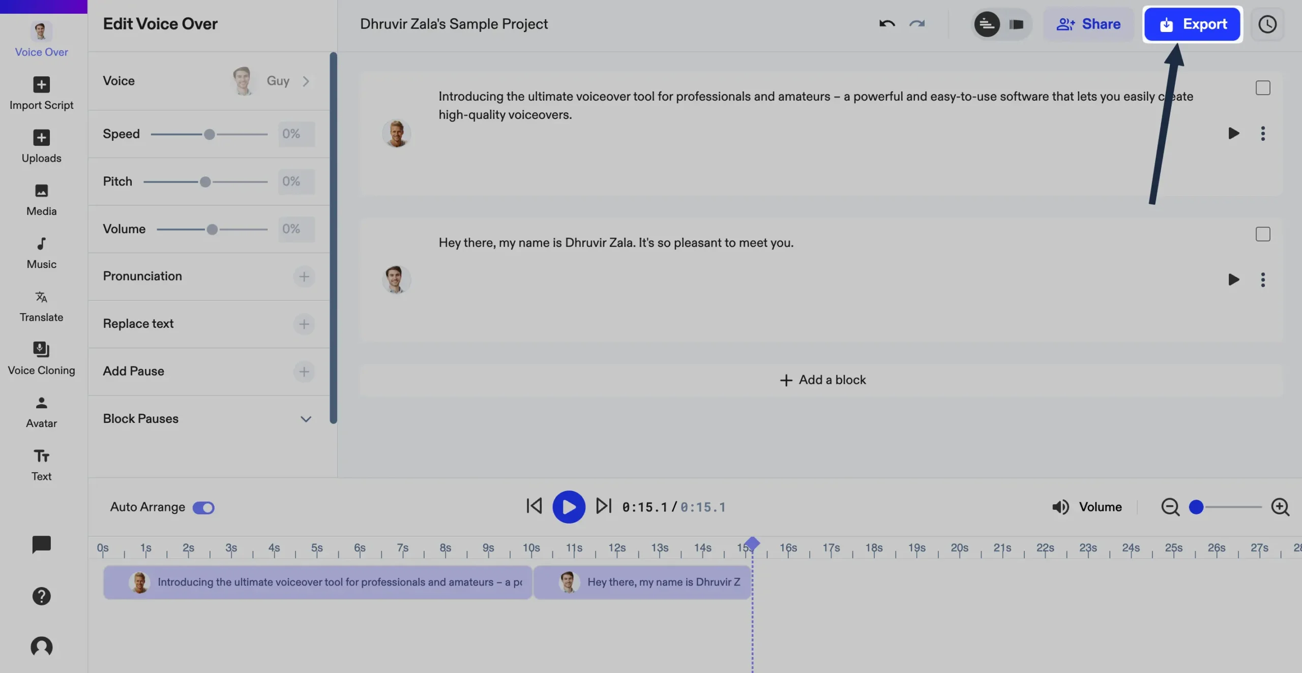 Exporting voiceovers in Speechify Studio