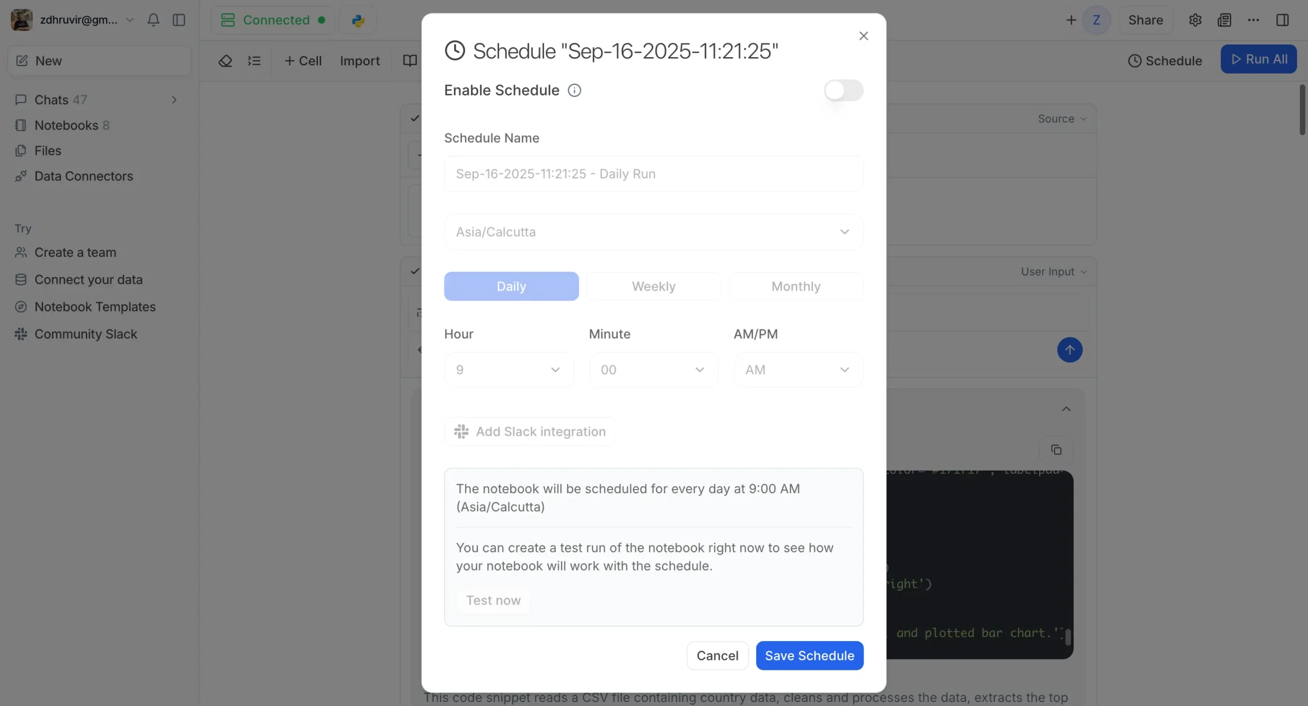 Scheduling a notebook in Julius AI