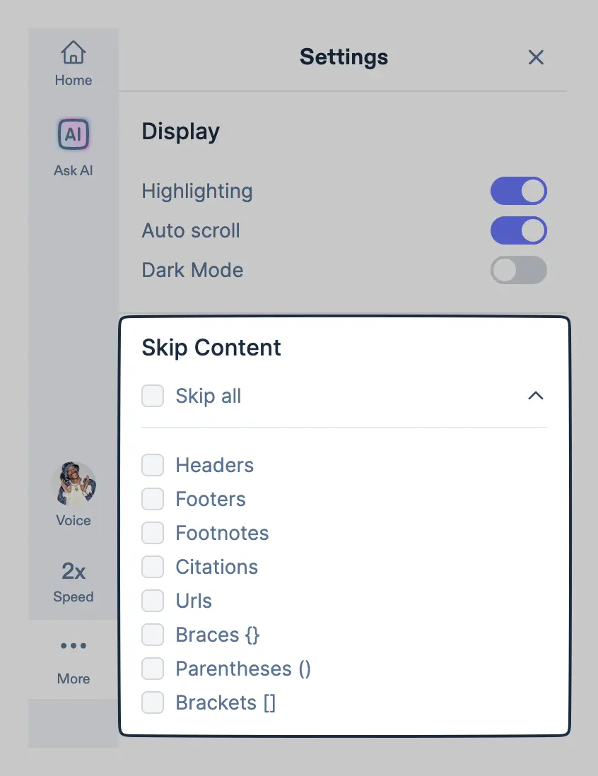 Skipping content in Speechify TTS