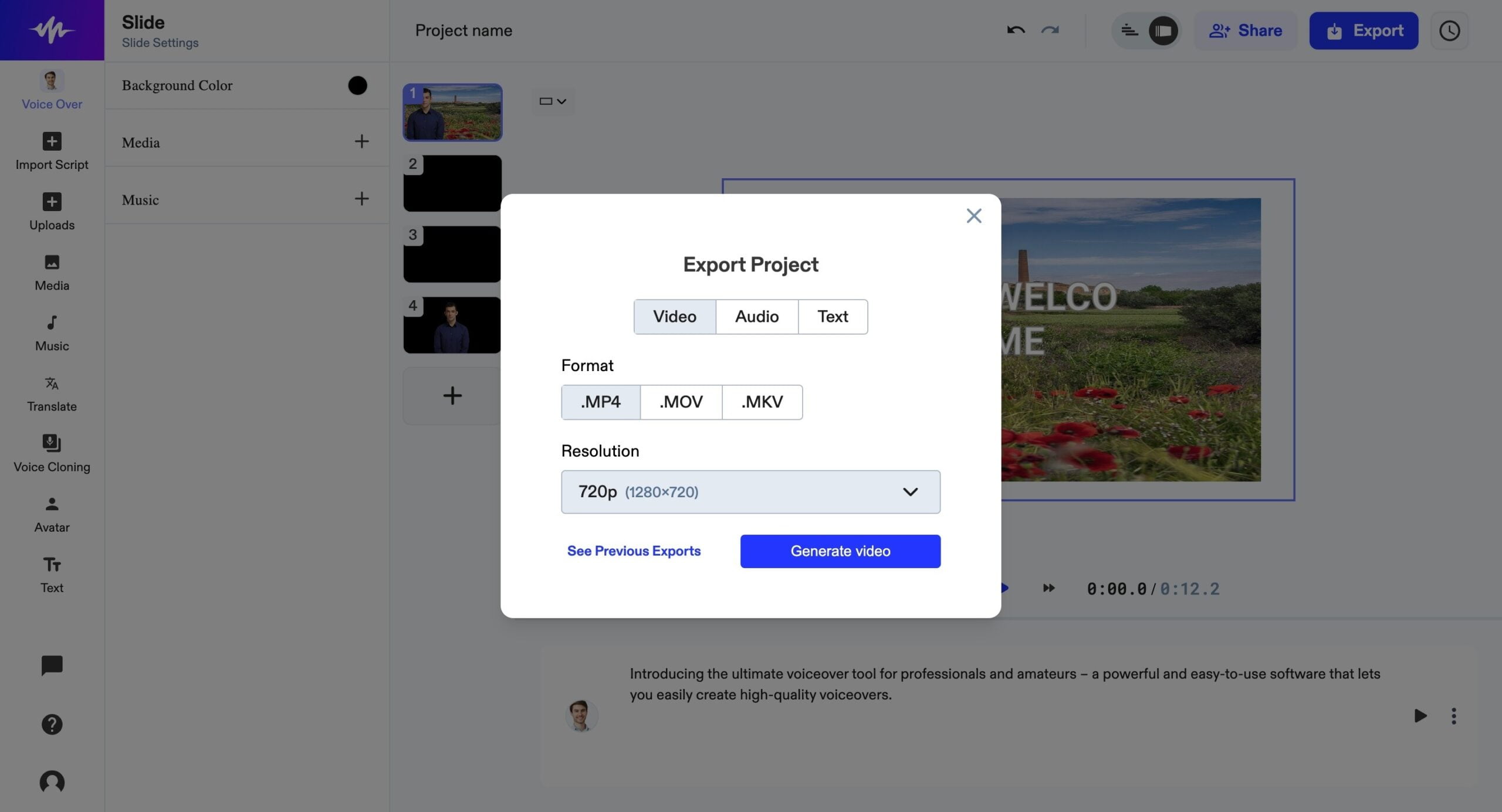 Video export options in Speechify Studio editor