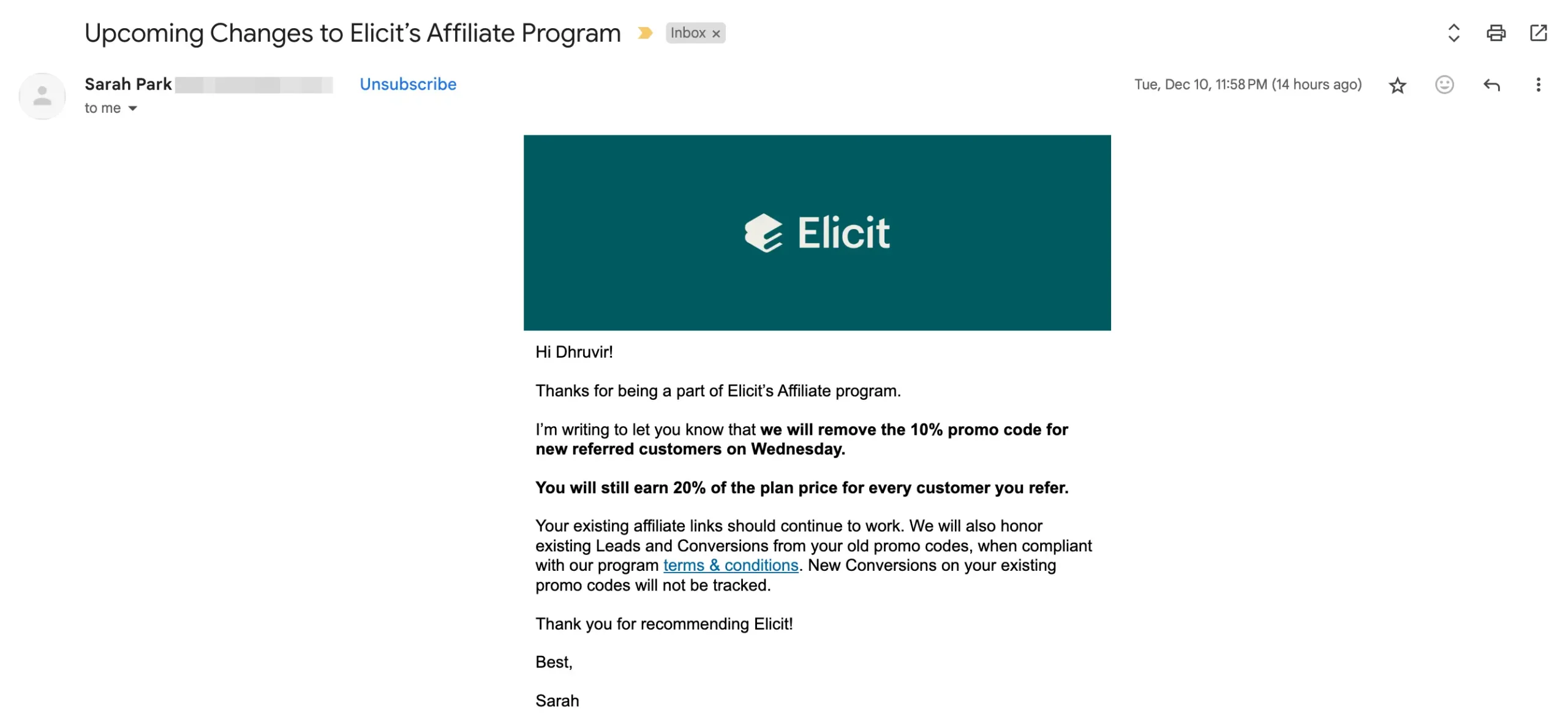 Elicit AI discontinuing their promo code