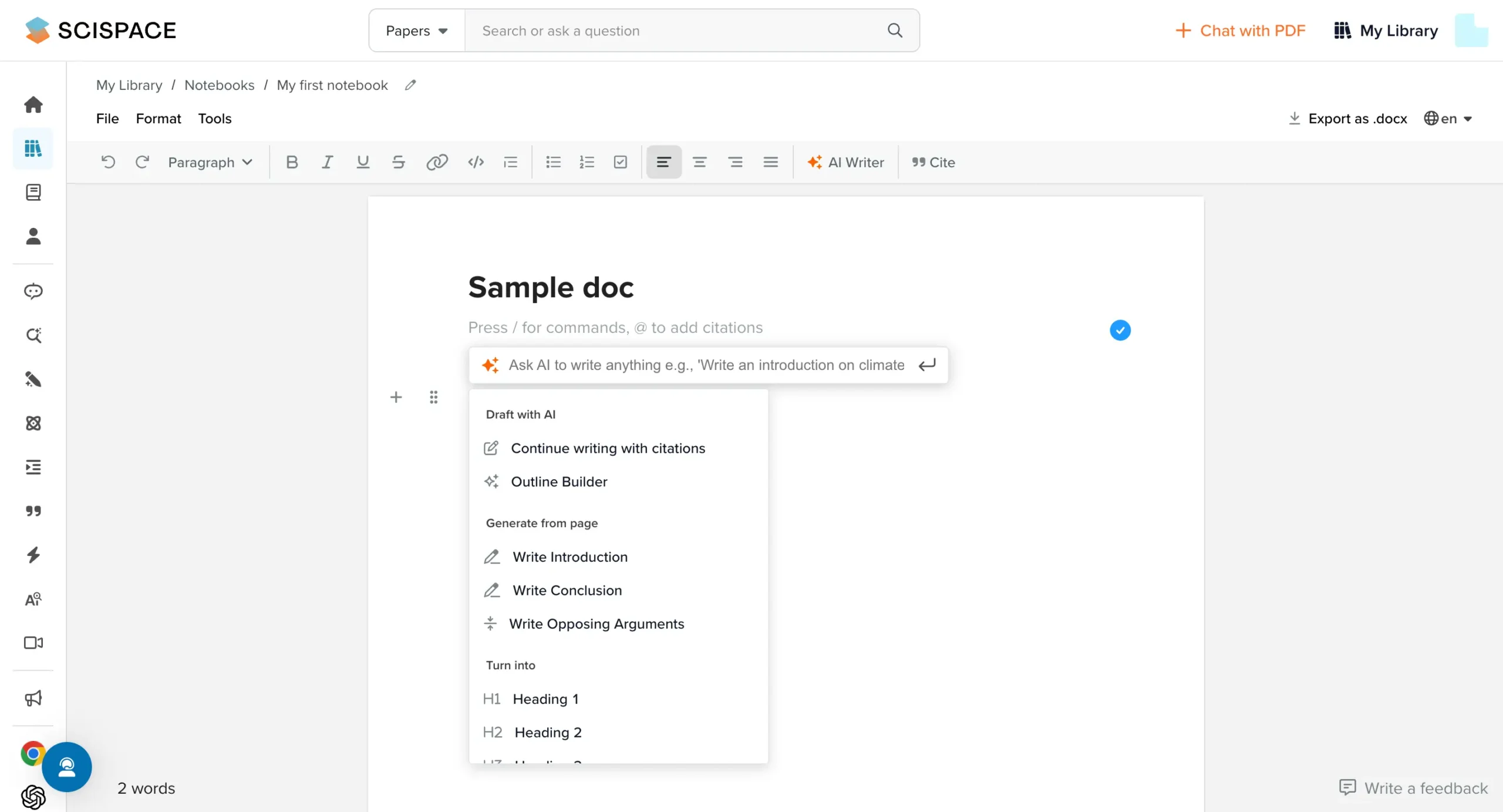 Notion-like AI note taking features in SciSpace