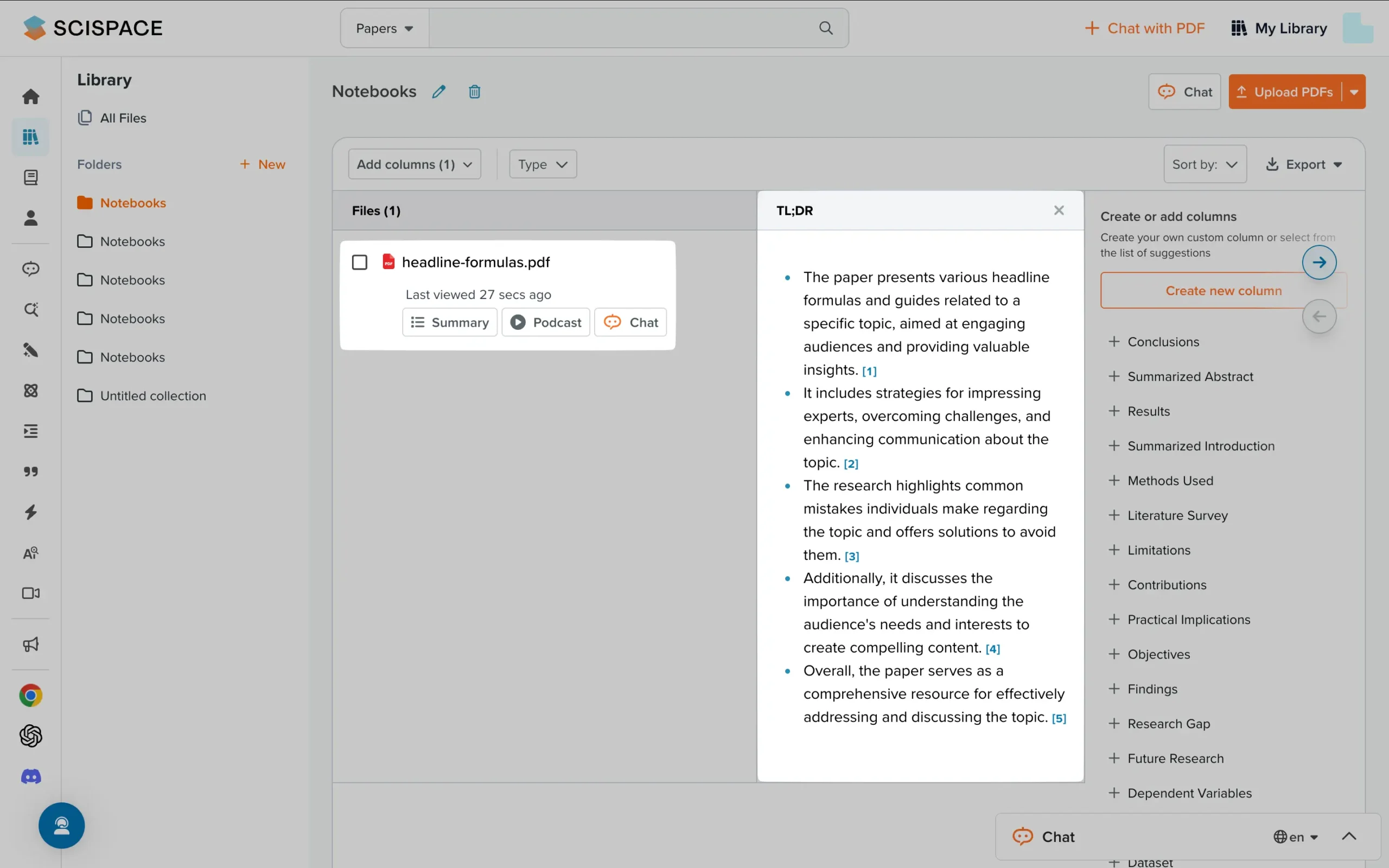 Summarizing PDFs in SciSpace