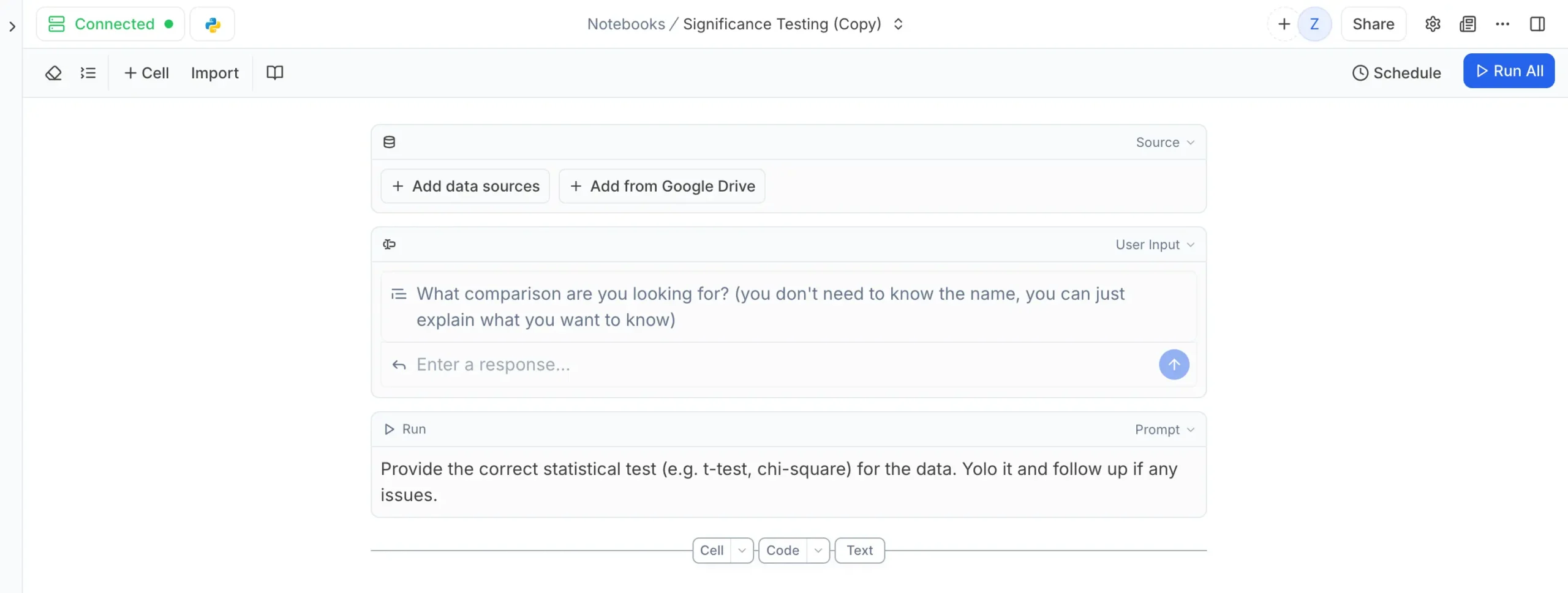 Significance testing template in Julius AI