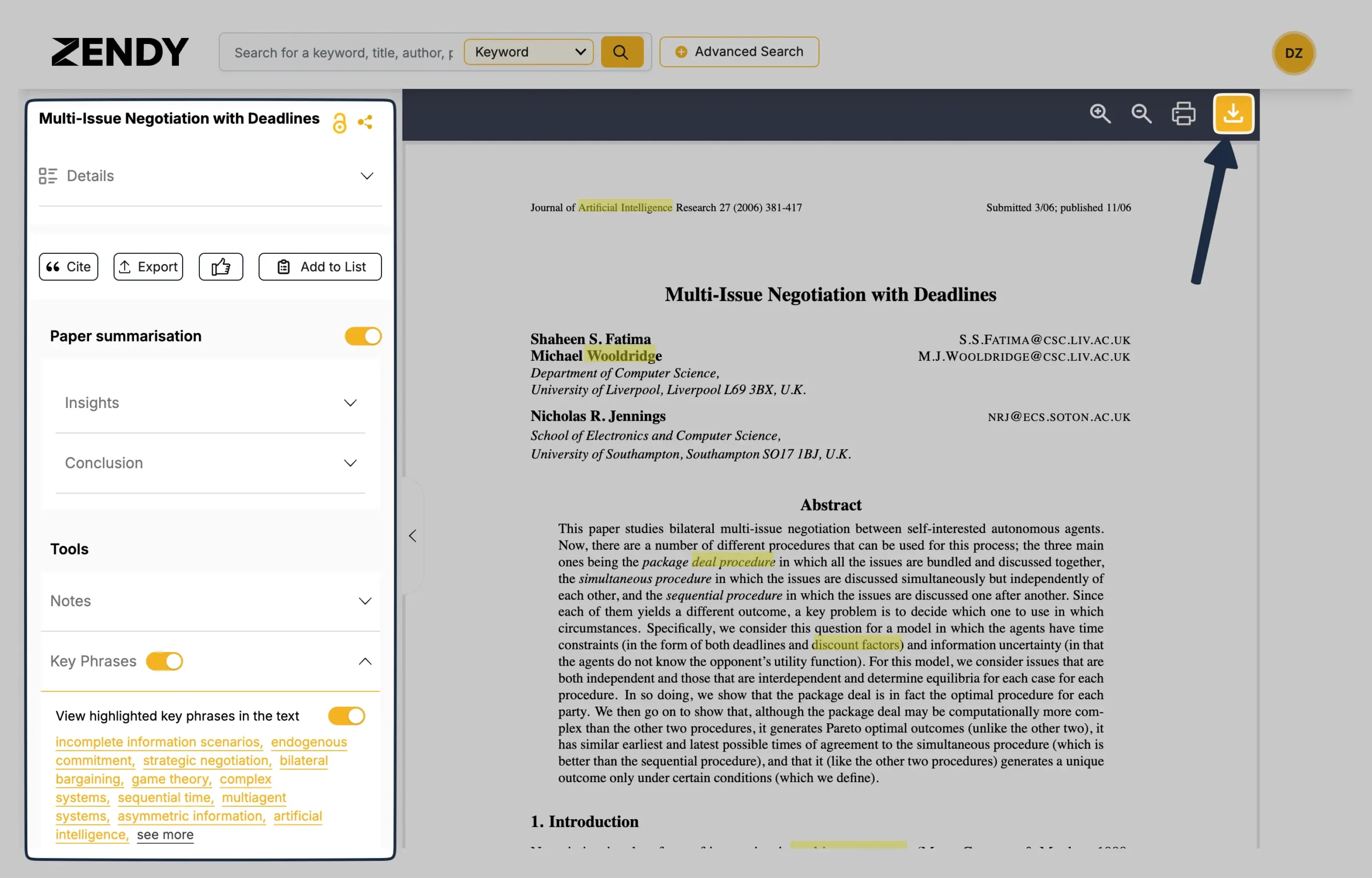 Left sidebar of Zendy's PDF viewer