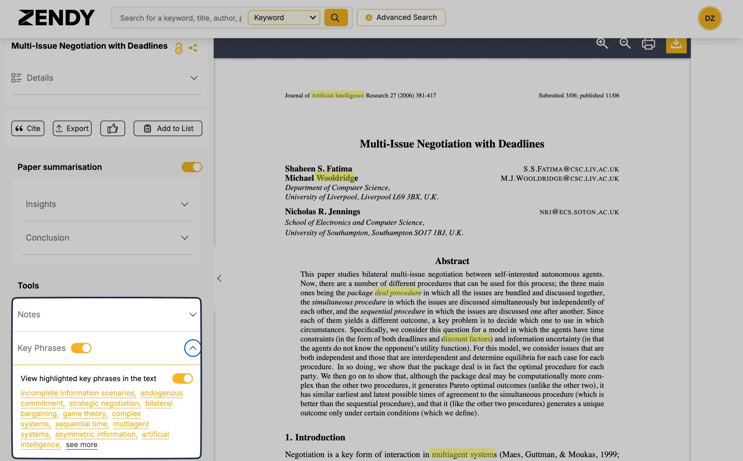 Notes and key phrases in Zendy's PDF viewer