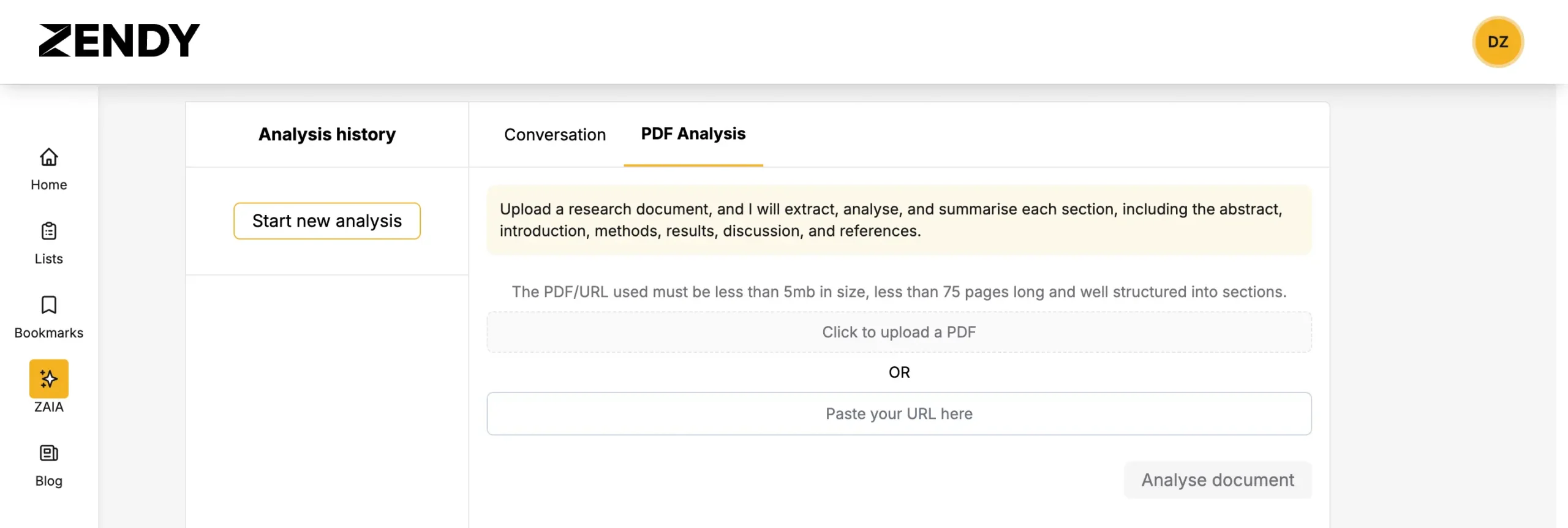 Zendy's AI PDF analysis