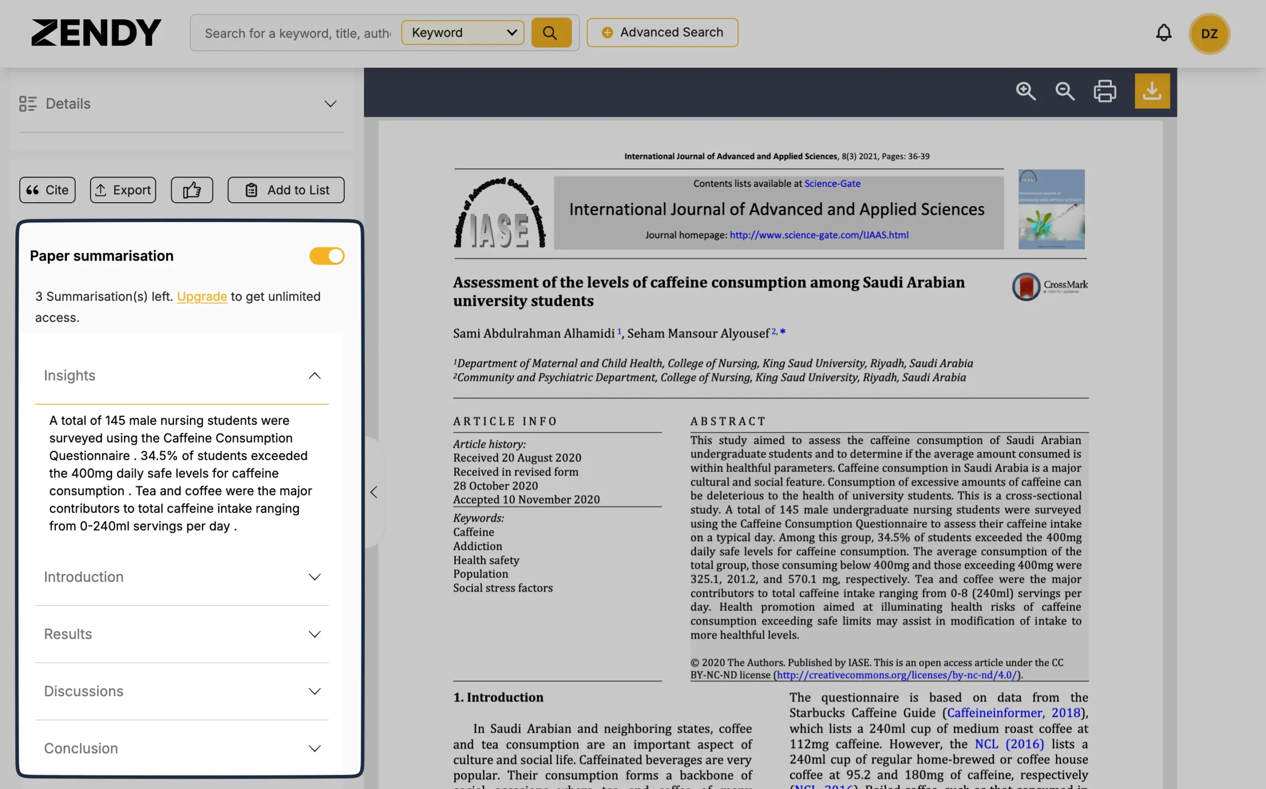 AI-generated paper summarisation in Zendy PDF viewer