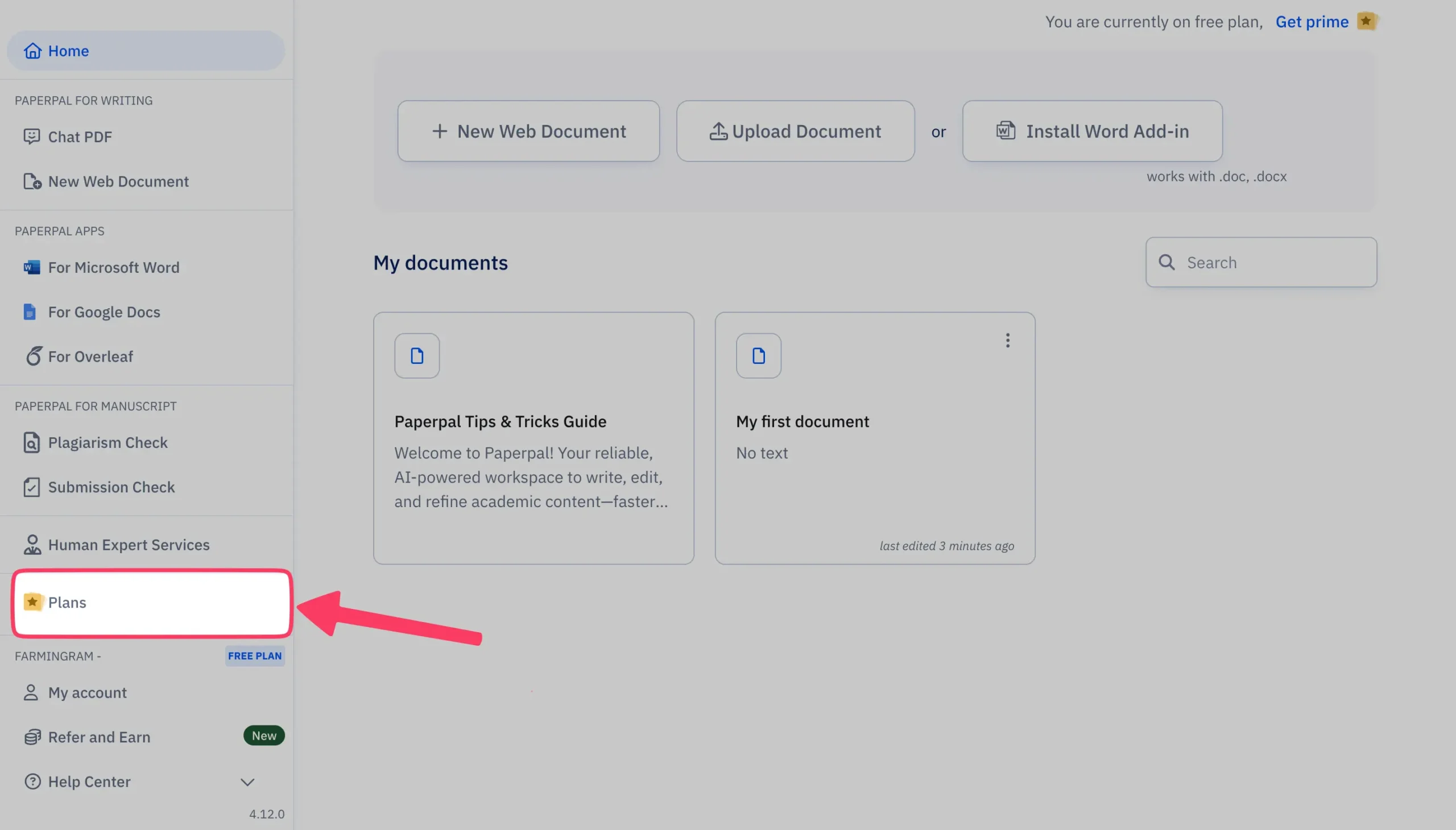 Plans in Paperpal dashboard's left menu bar