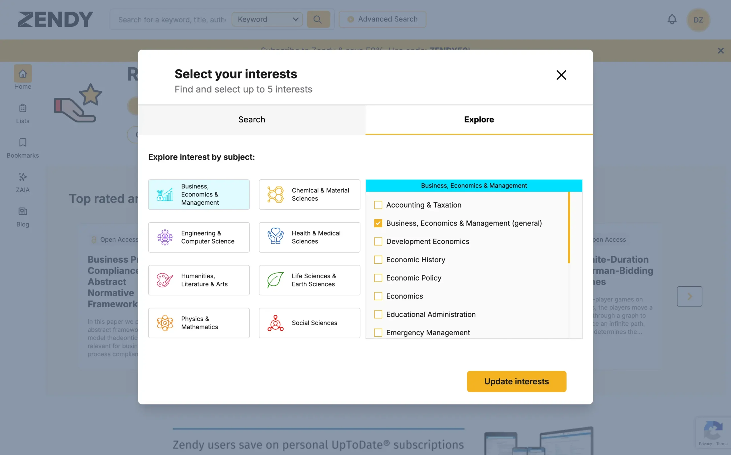 Selecting your interests in Zendy
