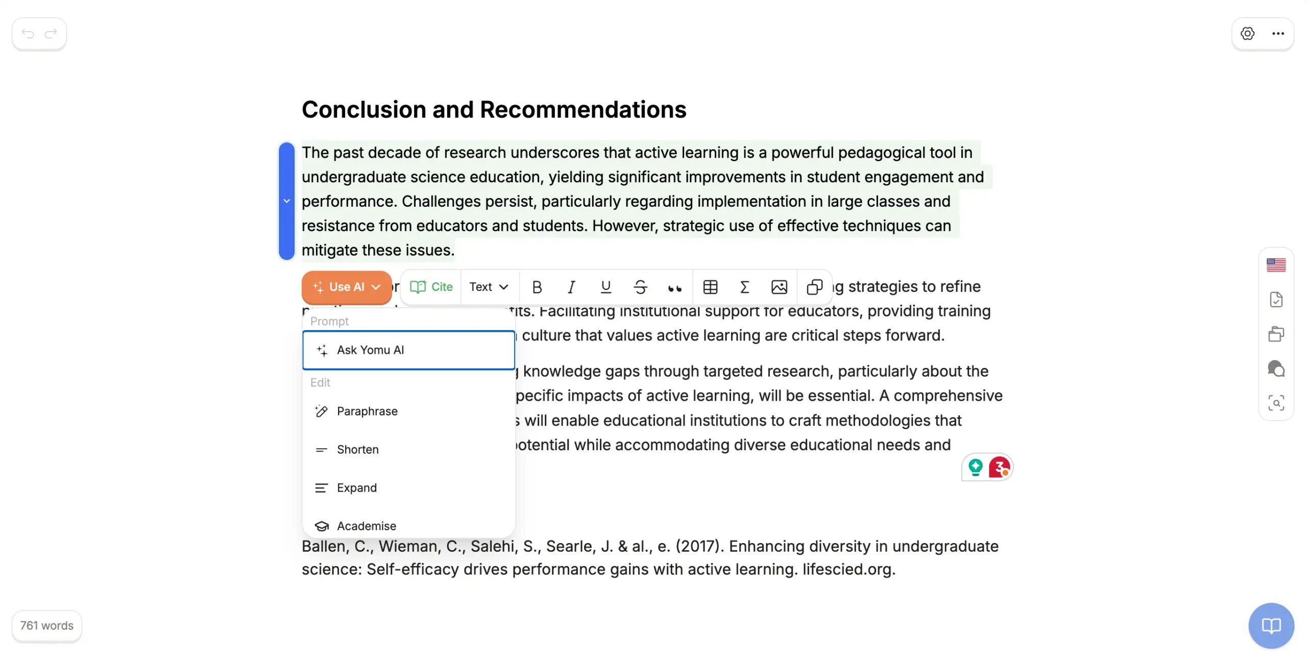 AI features in Yomu AI document editor
