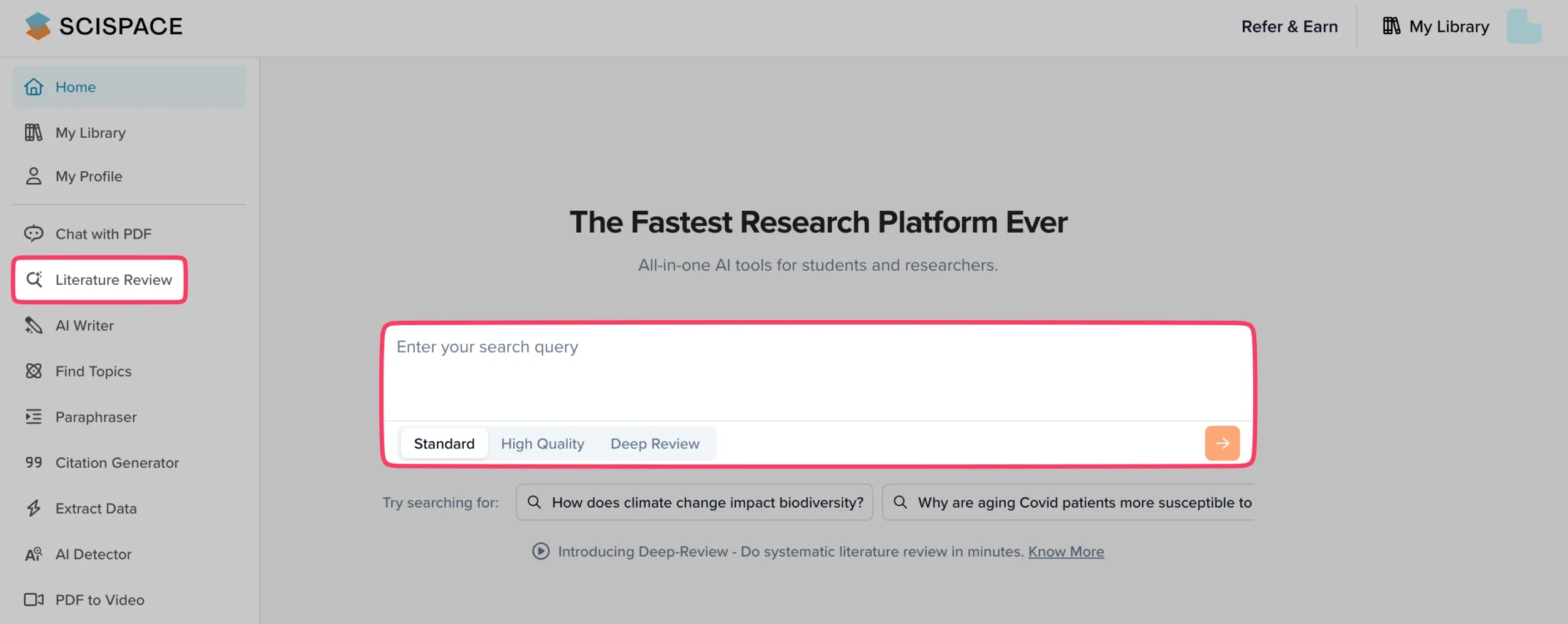 Accessing Literature Review in SciSpace