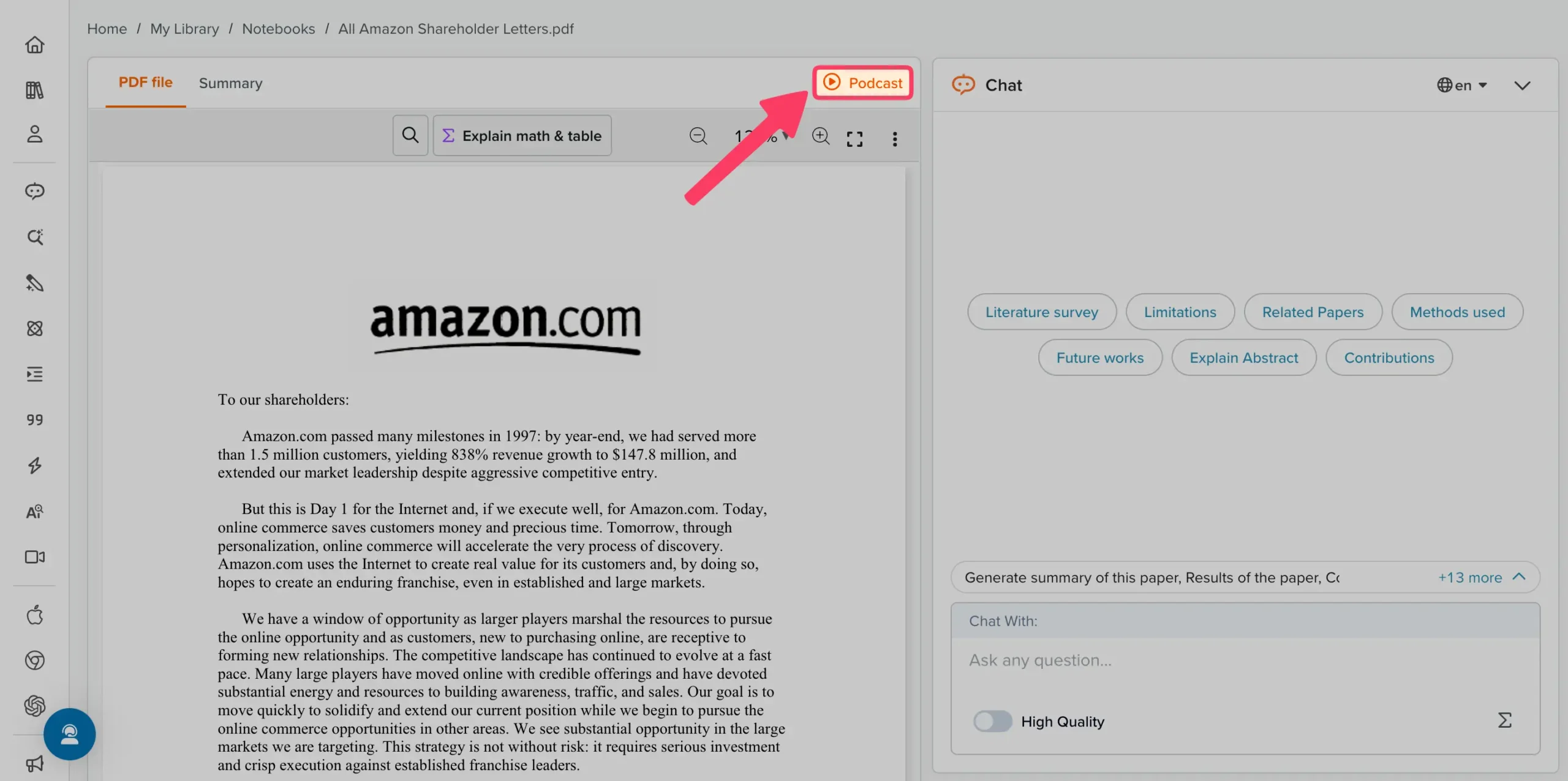 Converting a PDF into a podcast in SciSpace