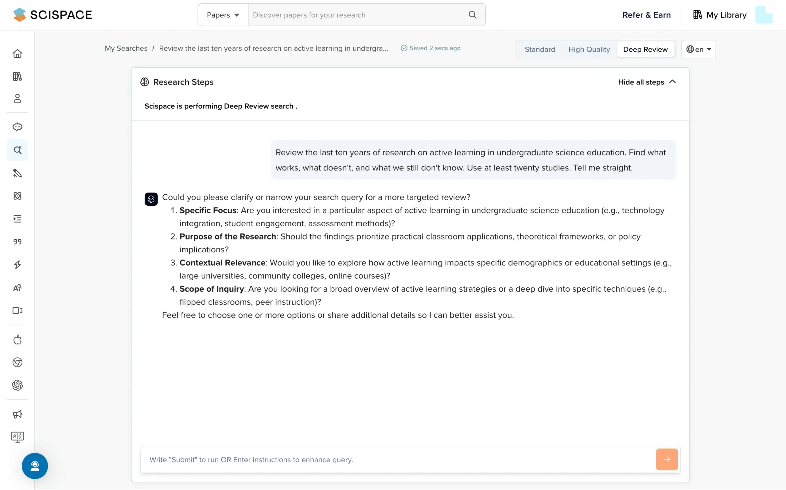 Deep Review search mode in SciSpace
