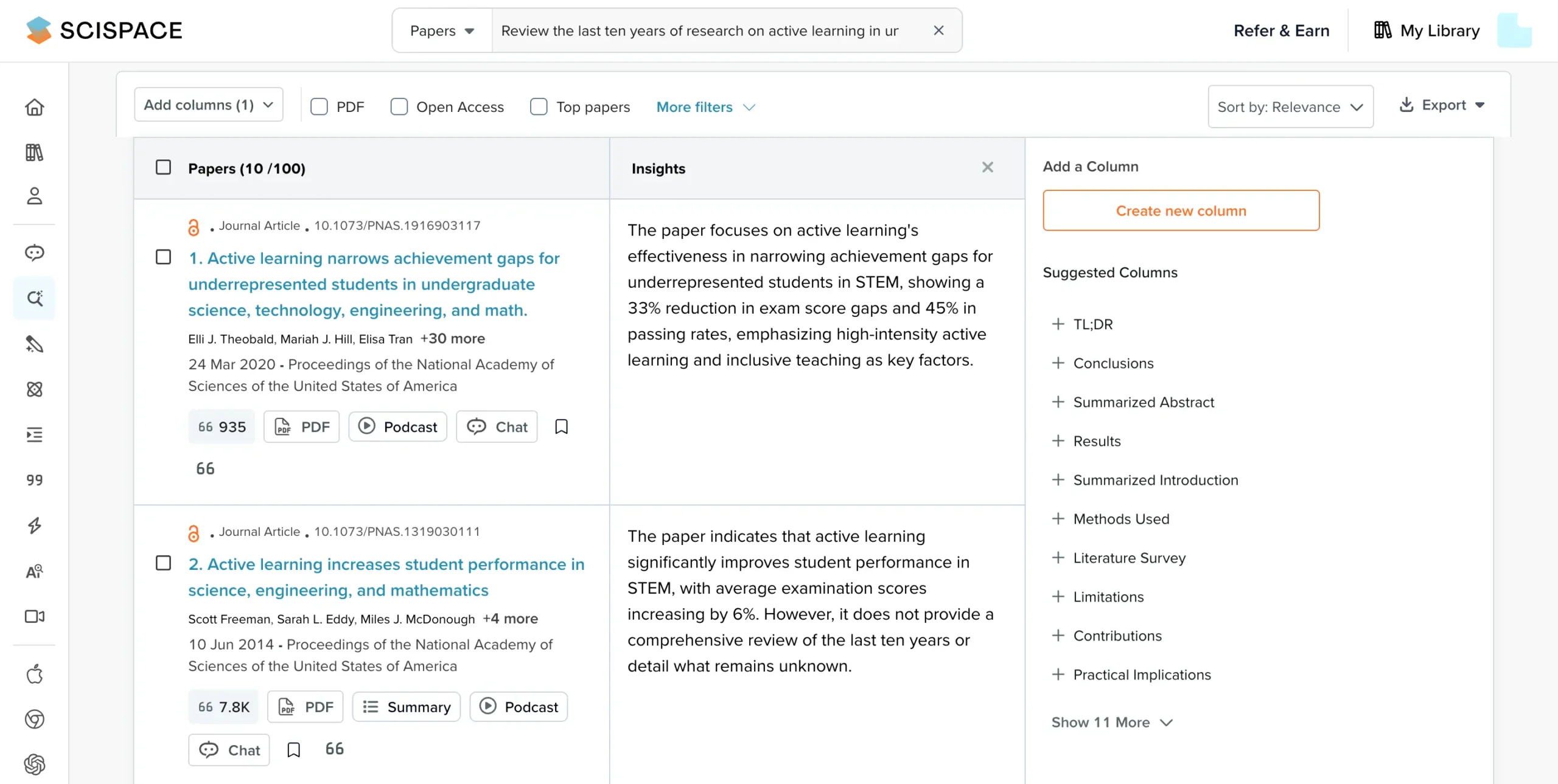 Dynamic table feature in SciSpace
