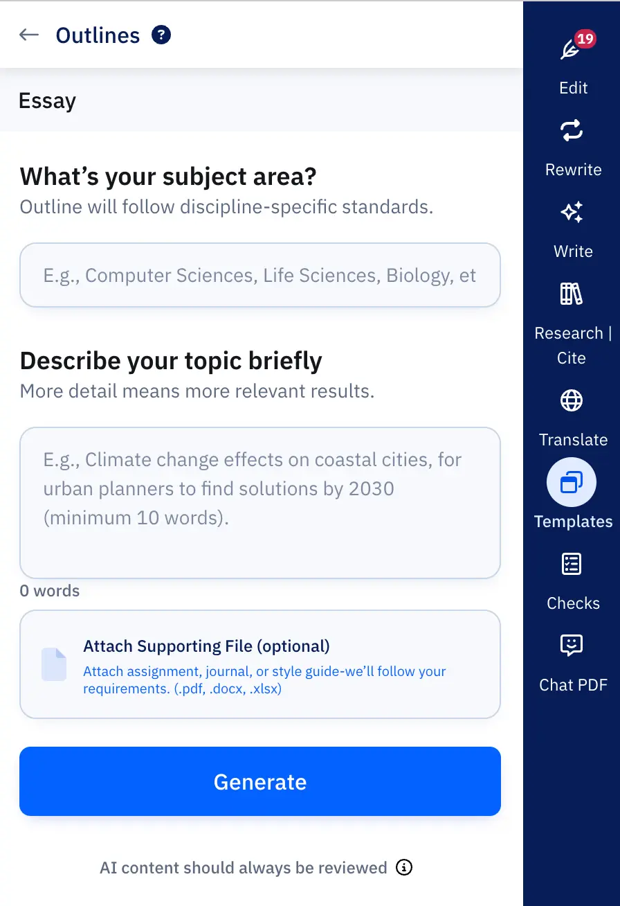 Filling in Essay outline template details in Paperpal