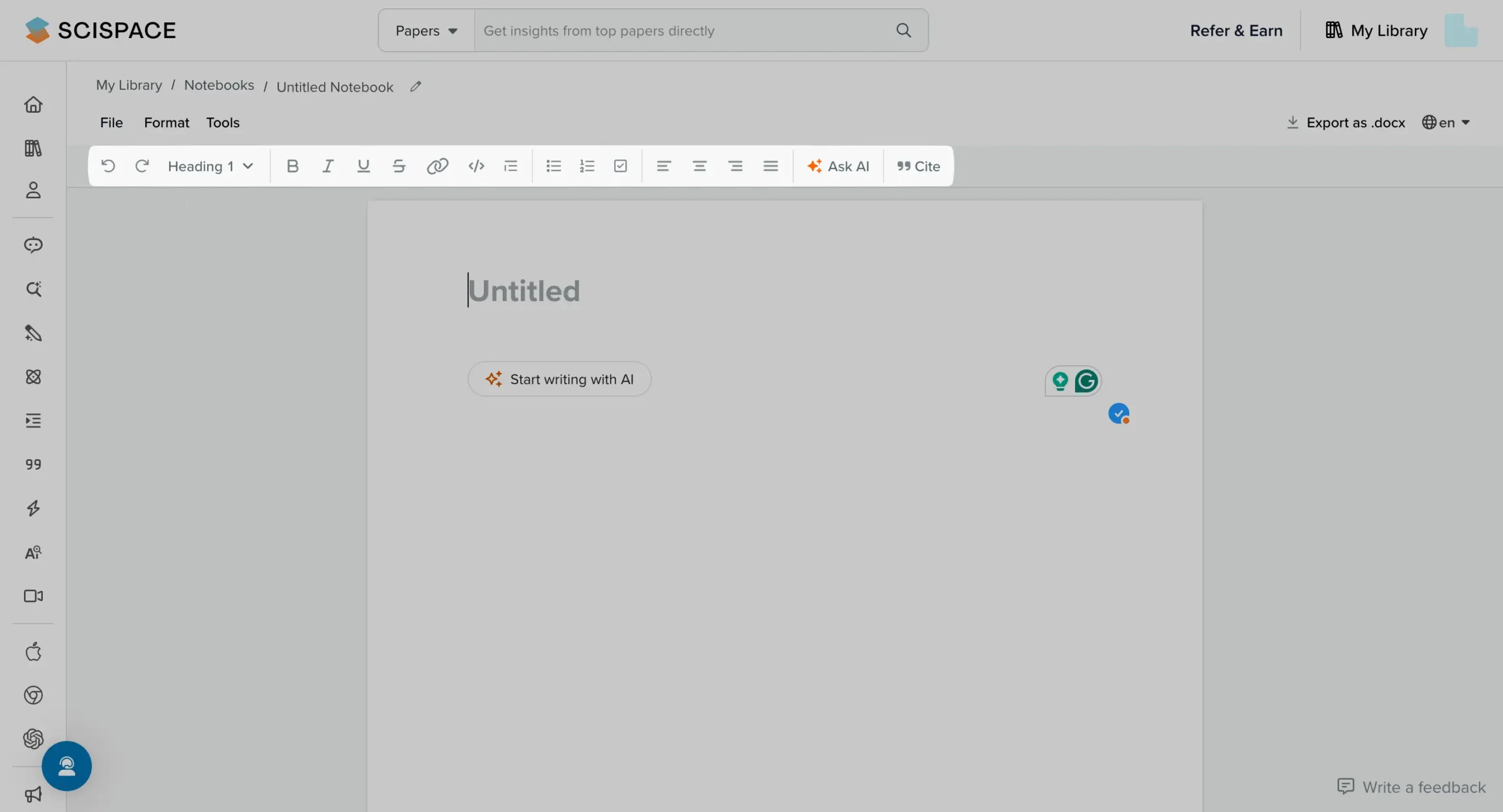 Formatting options in AI Writer in SciSpace