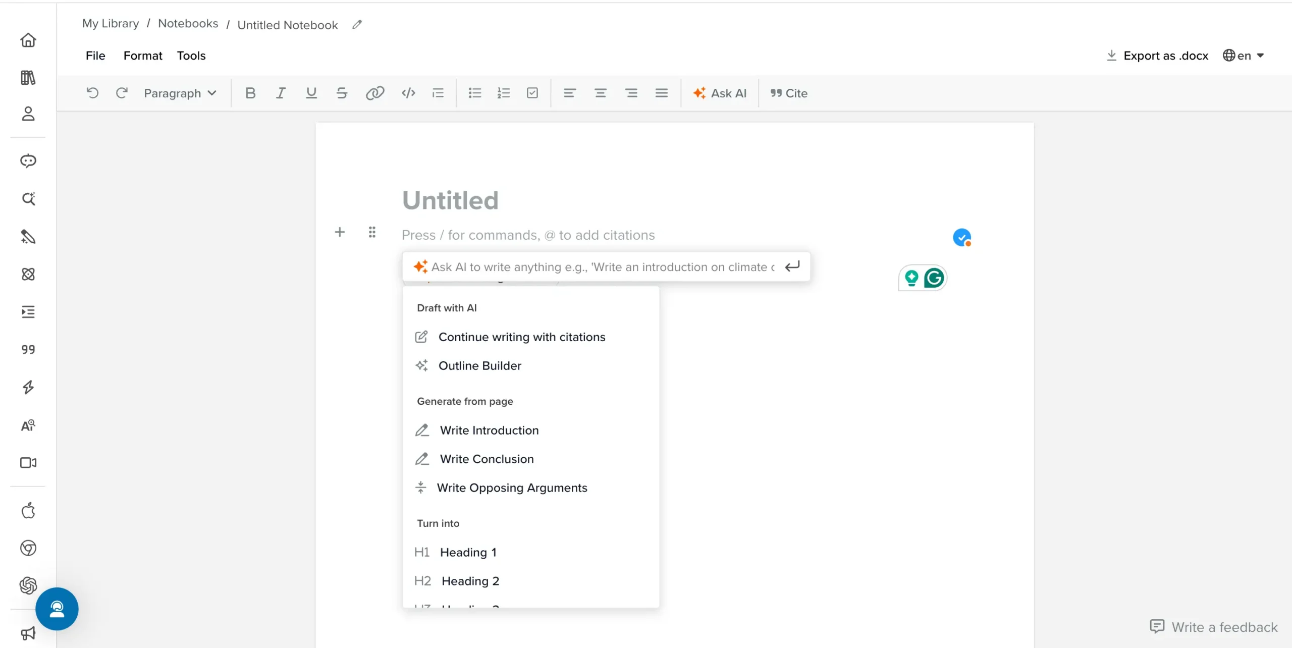 Generative AI and formatting options in SciSpace's AI Writer