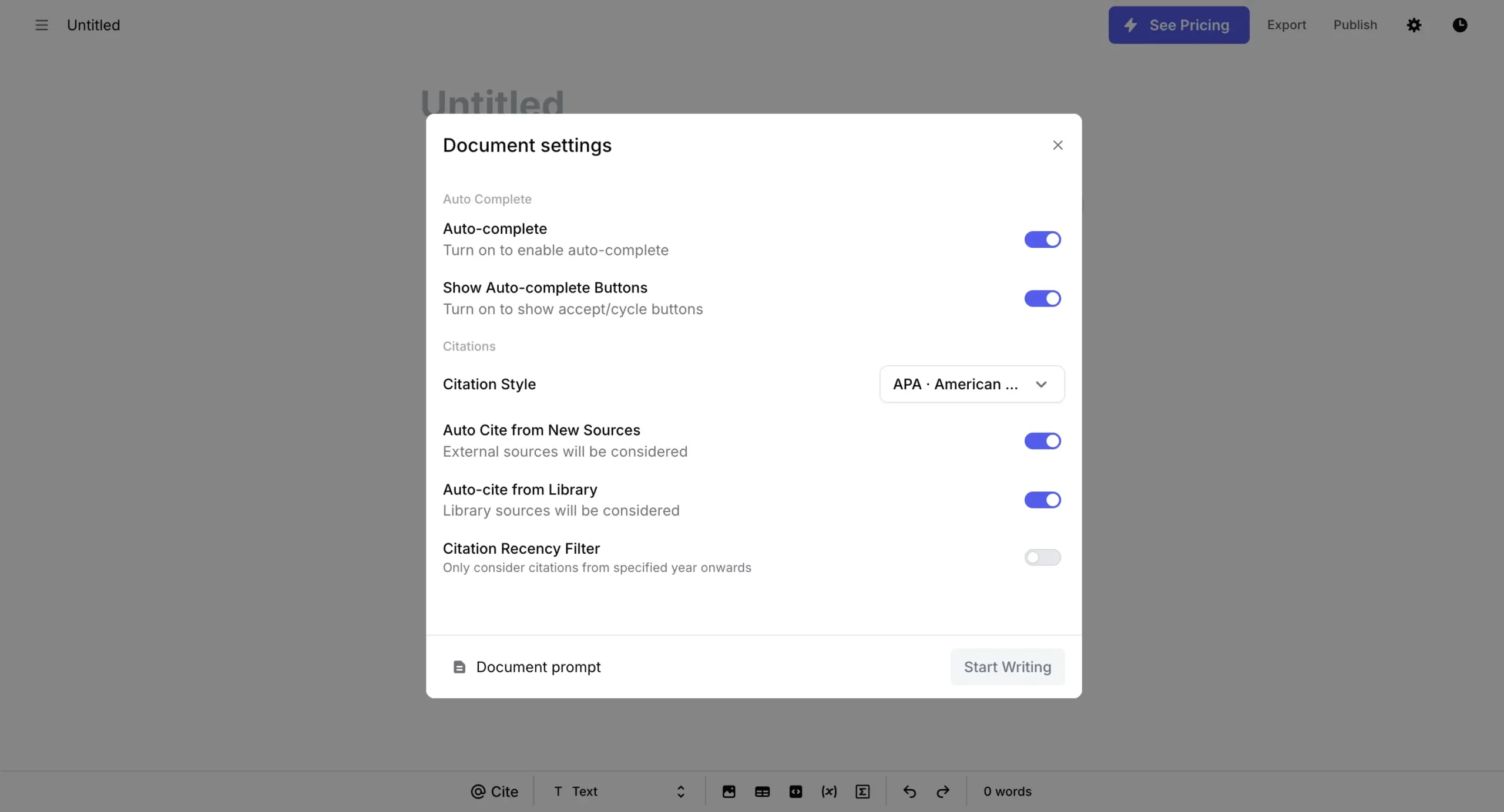 Jenni AI Document Settings