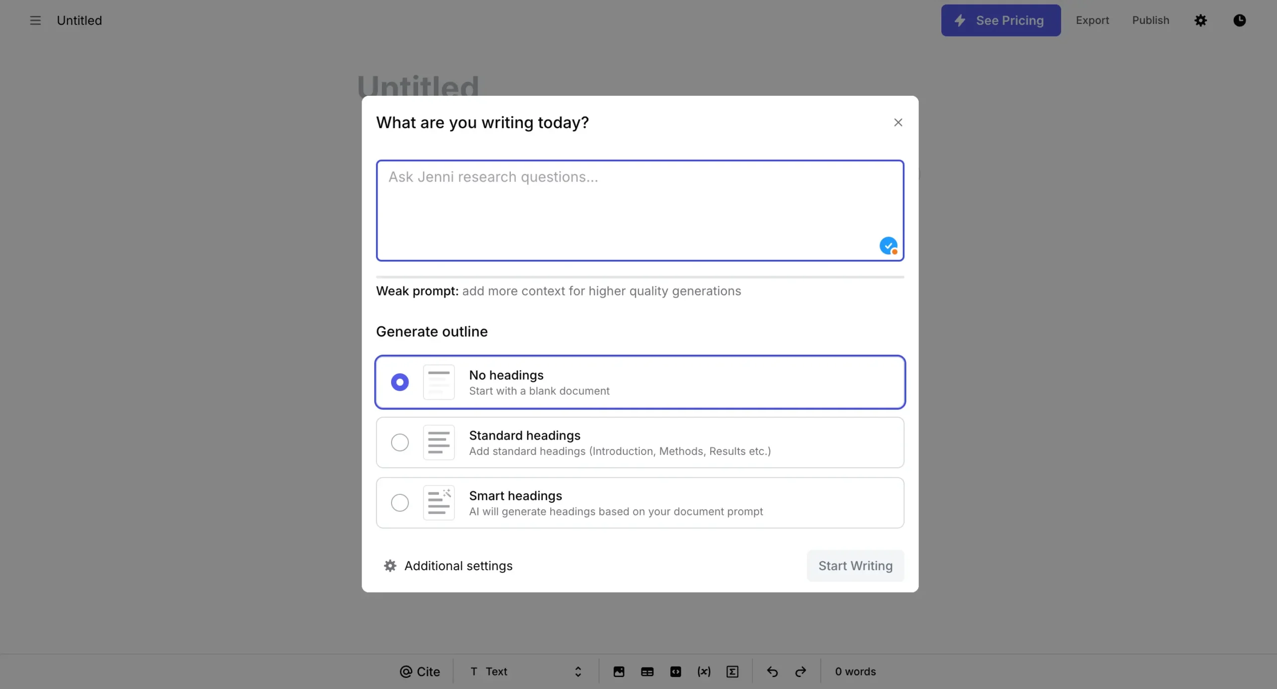 Jenni AI Document popup