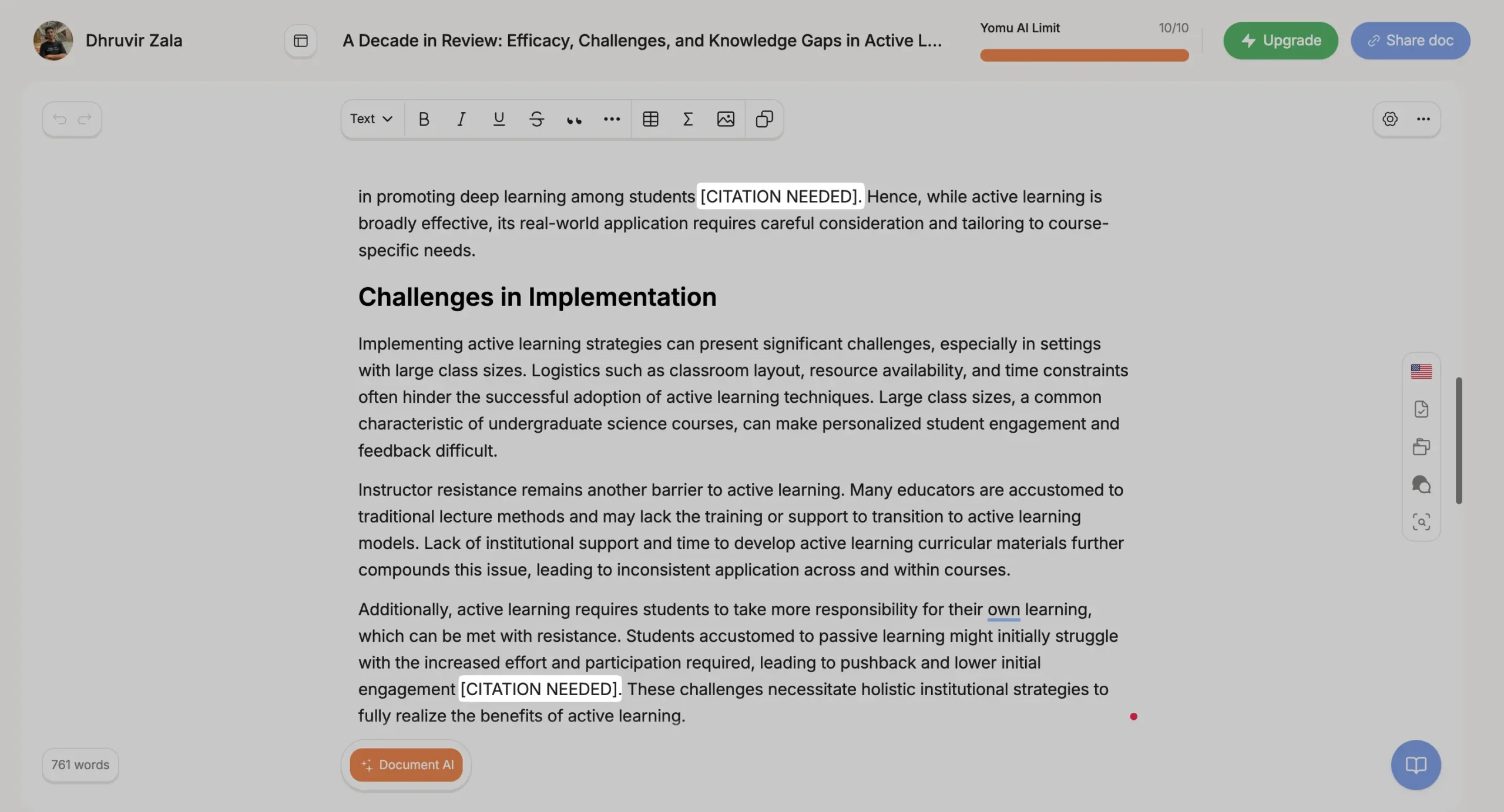 Lack of citation features in Yomu AI