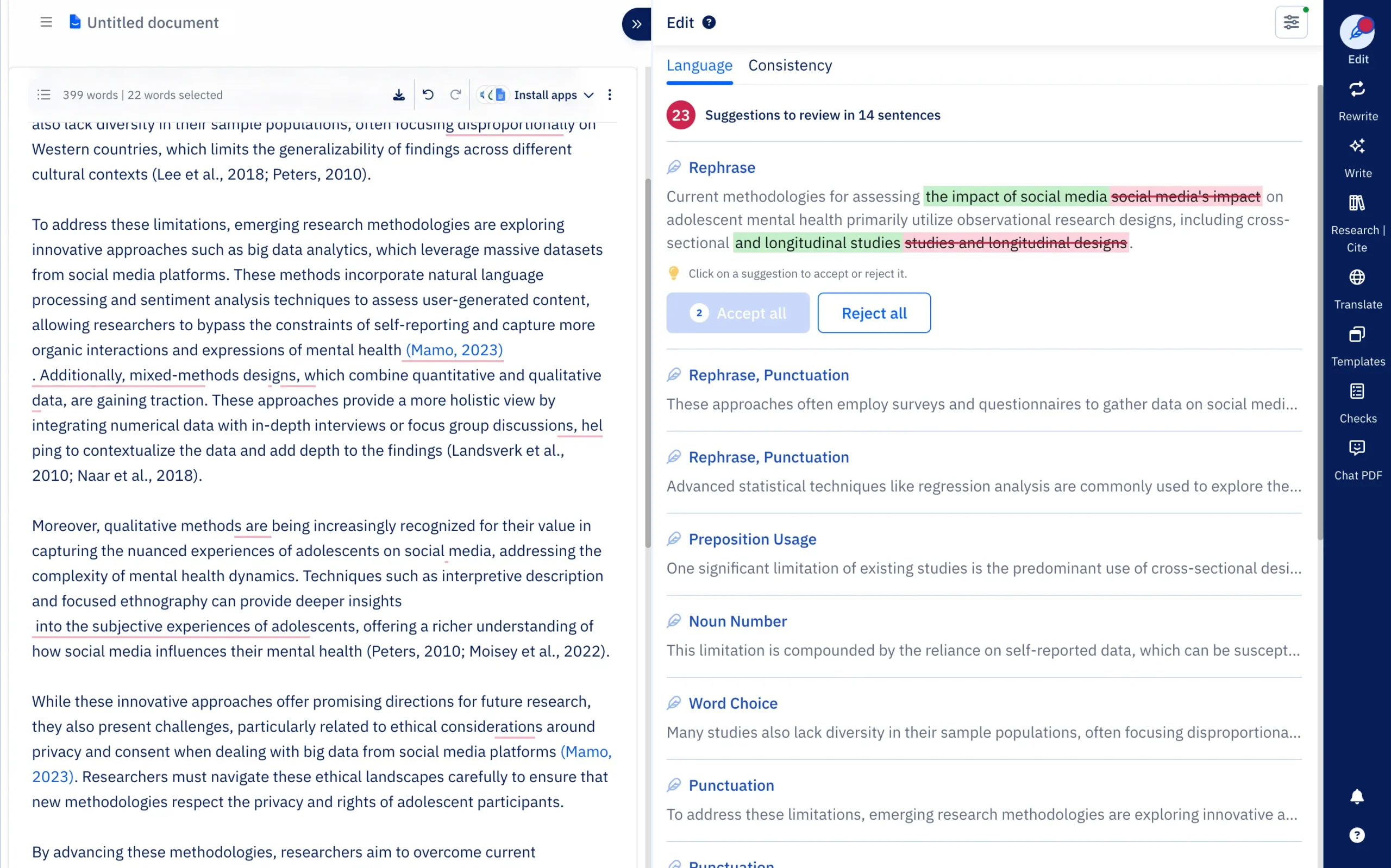Language features in Paperpal