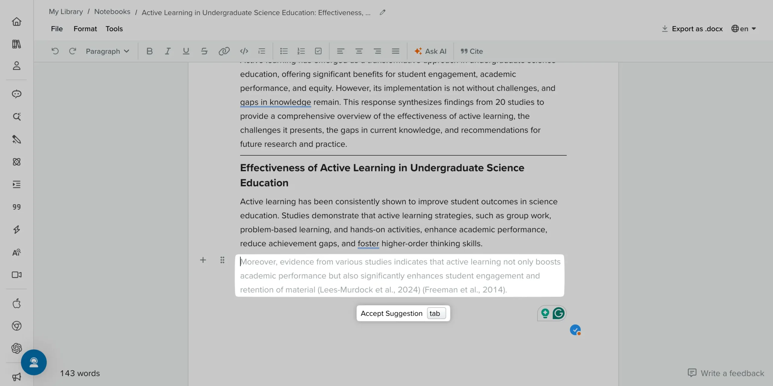 SciSpace AI Writer providing AI-powered paragraph suggestions