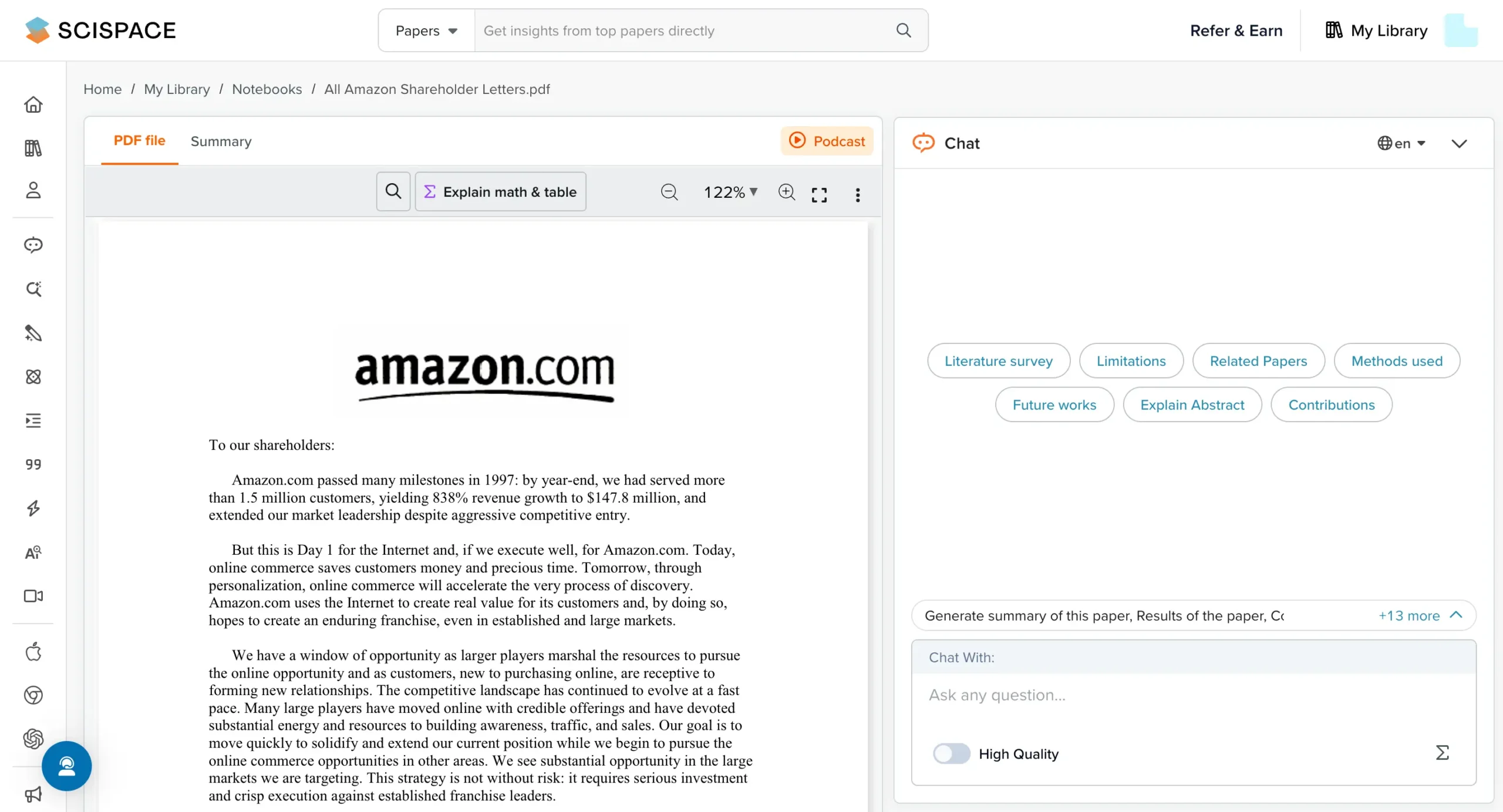 SciSpace's Chat with PDF interface