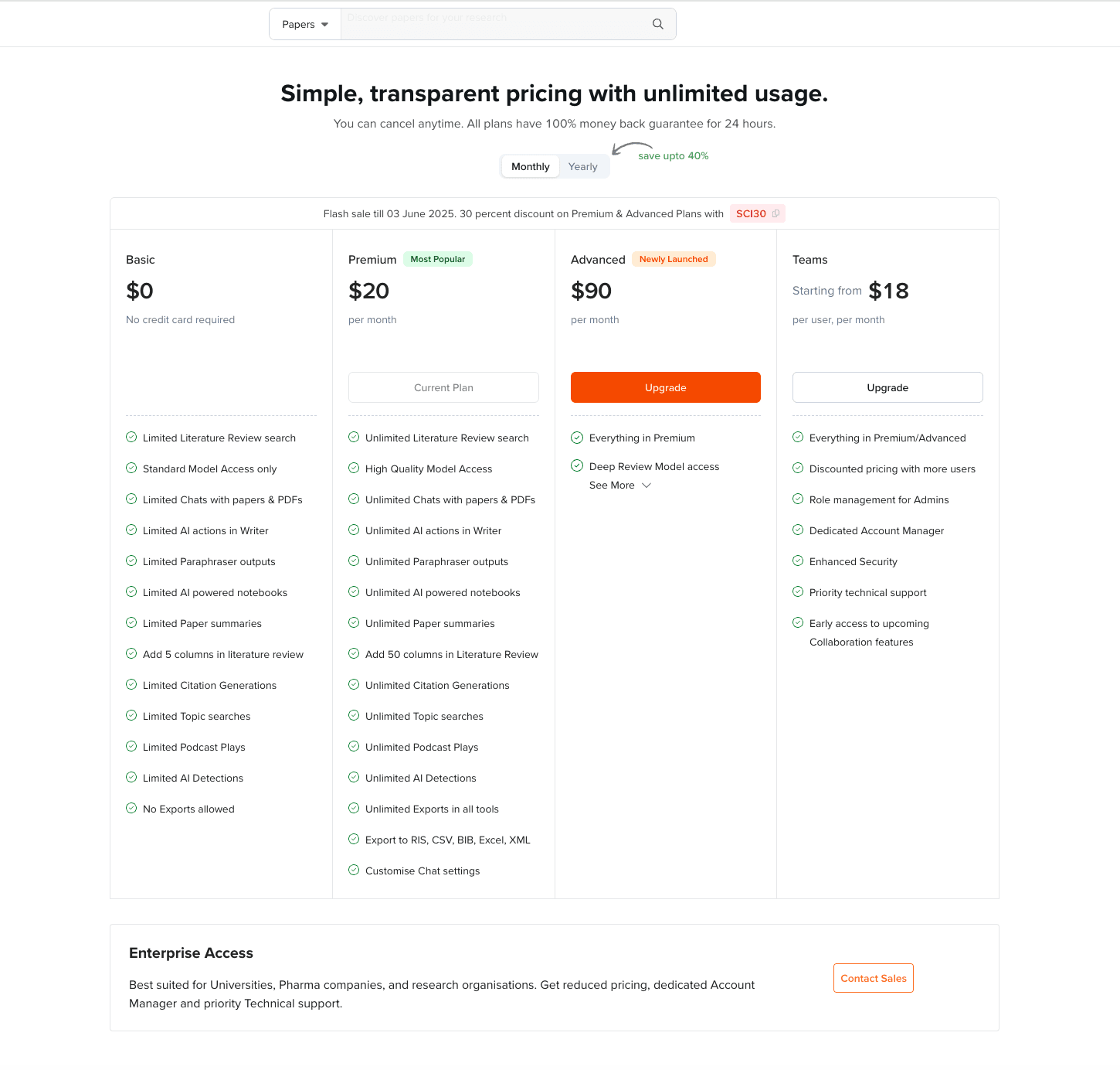 SciSpace's monthly pricing