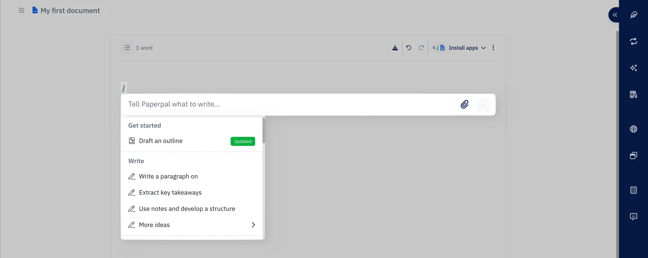 Using / to access AI and formatting options in Paperpal