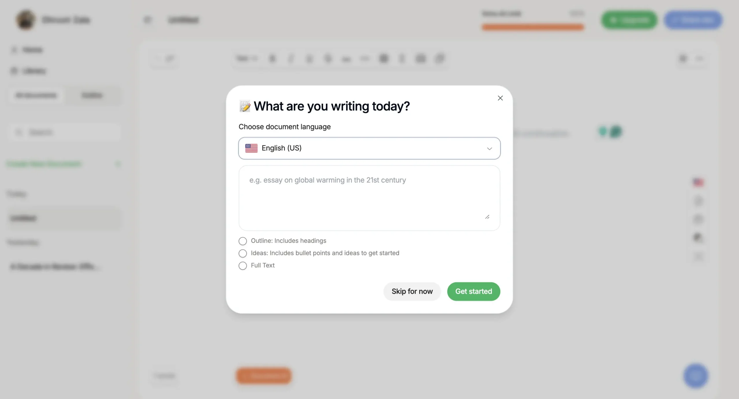 Yomu AI new document creation popup