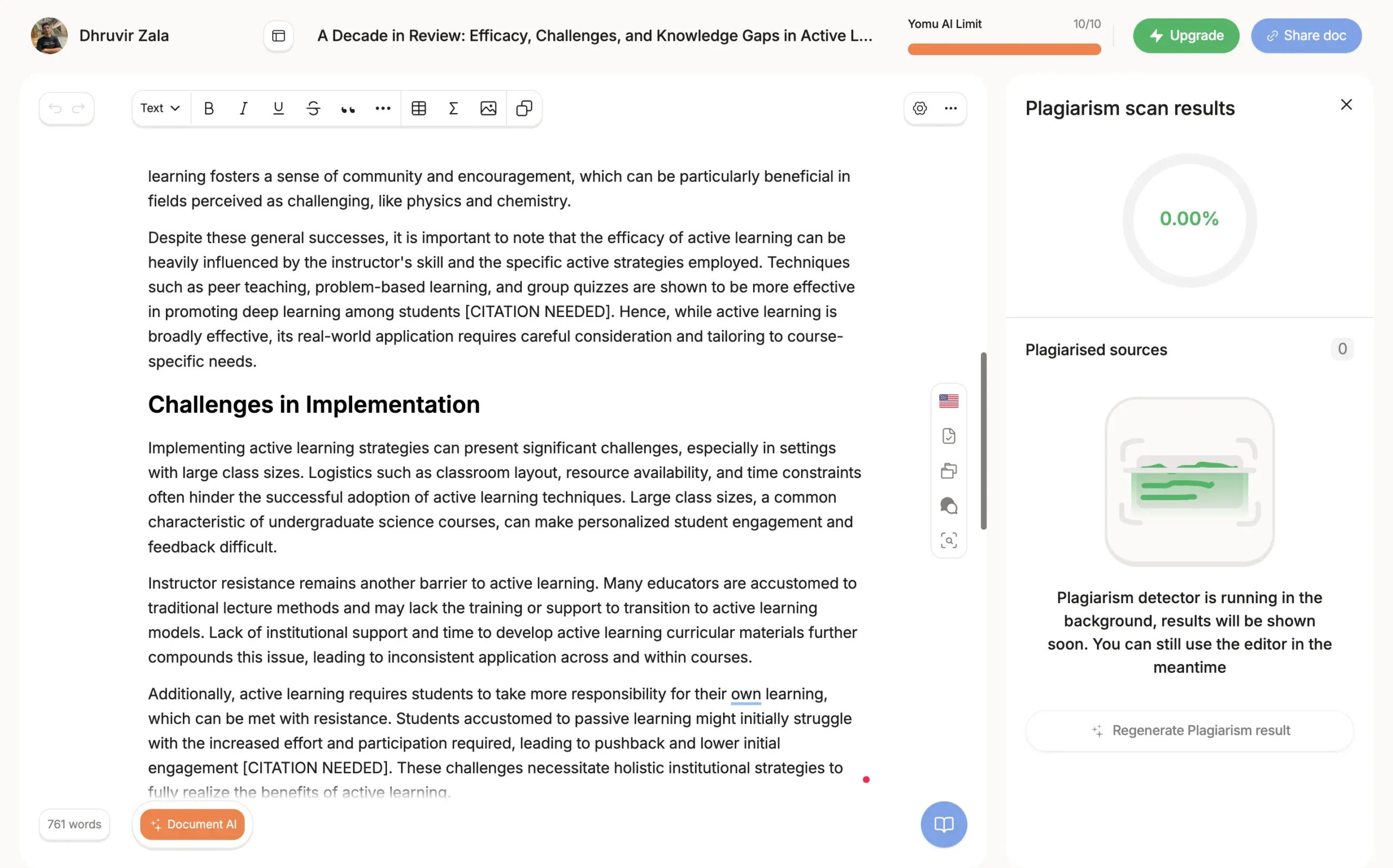 Yomu AI plagiarism results