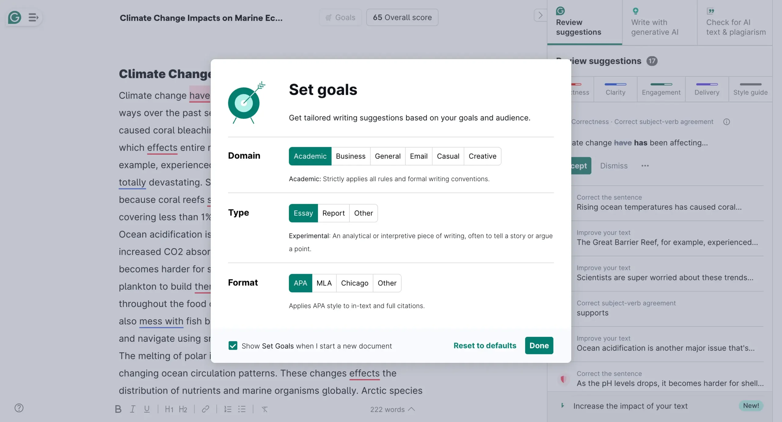 Academic Domain in Grammarly Goals