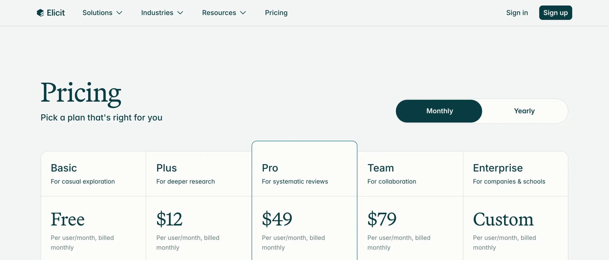 Elicit.com pricing page