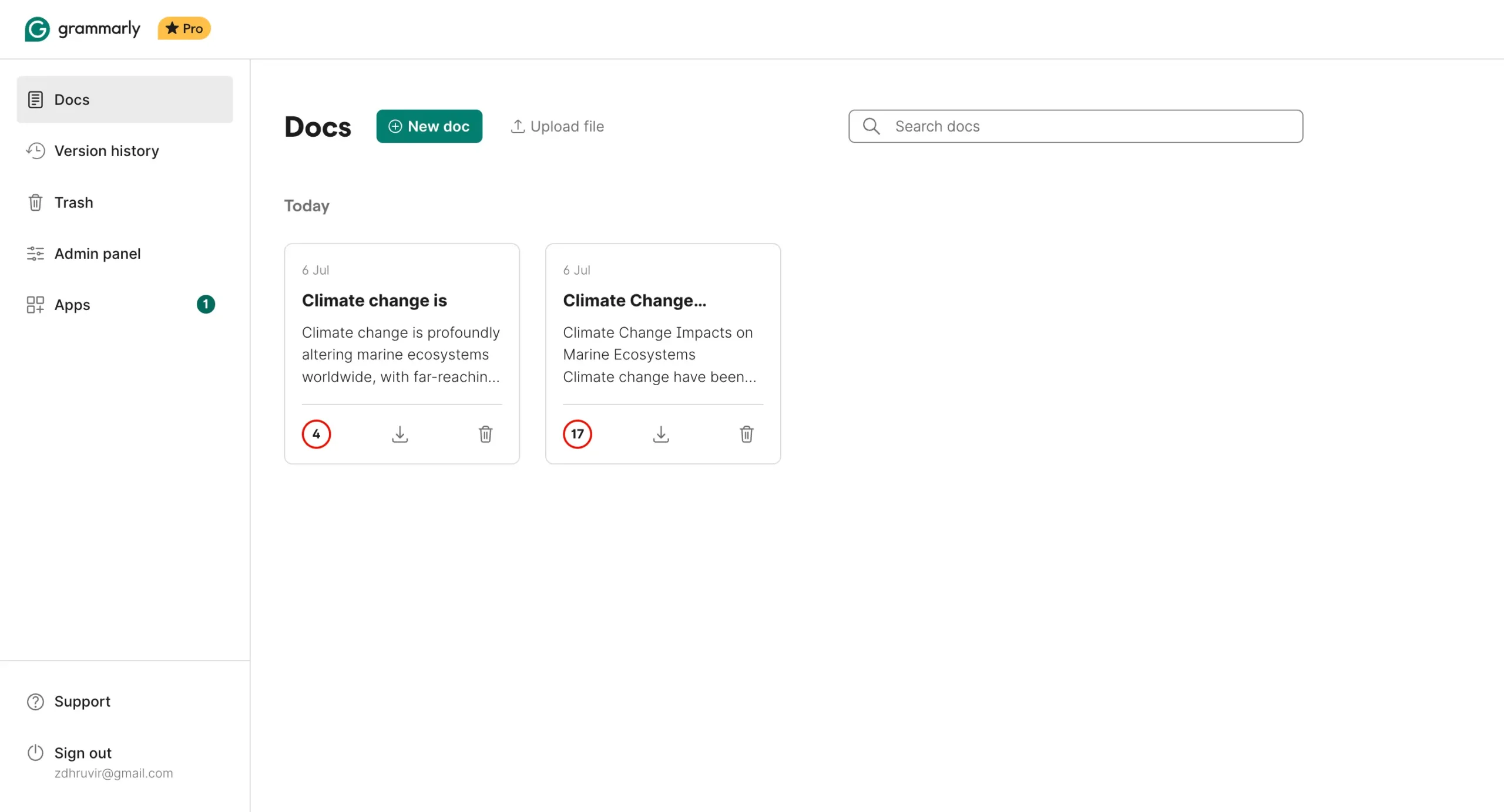 Grammarly dashboard