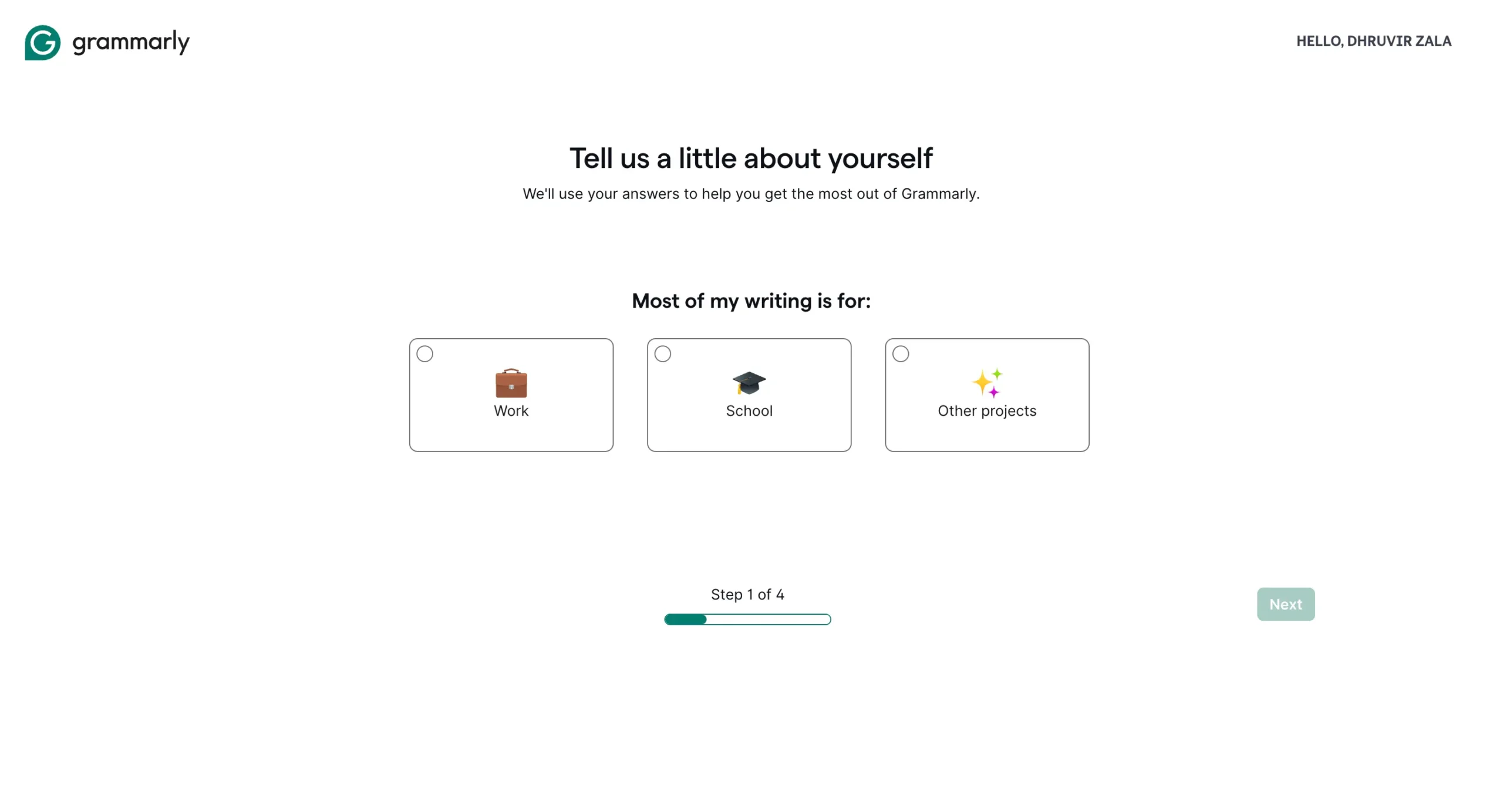 Grammarly onboarding