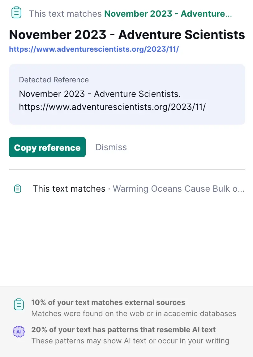 Grammarly's plagiarism checker gives articles as similarity checks