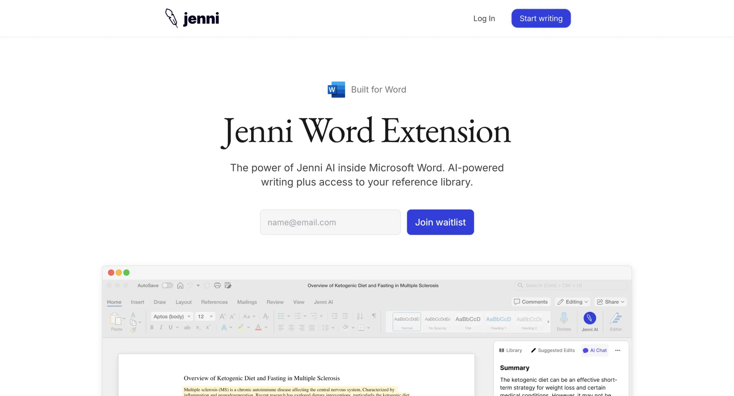 Jenni AI Waitlist Mode in MS Word