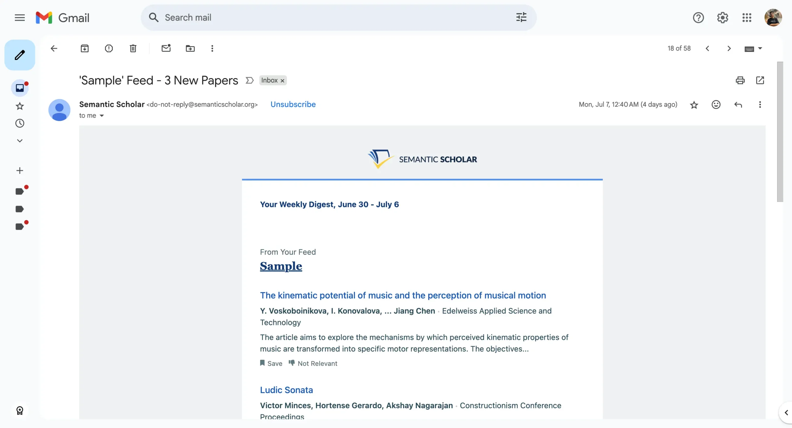 New Research Alert emails from Semantic Scholar