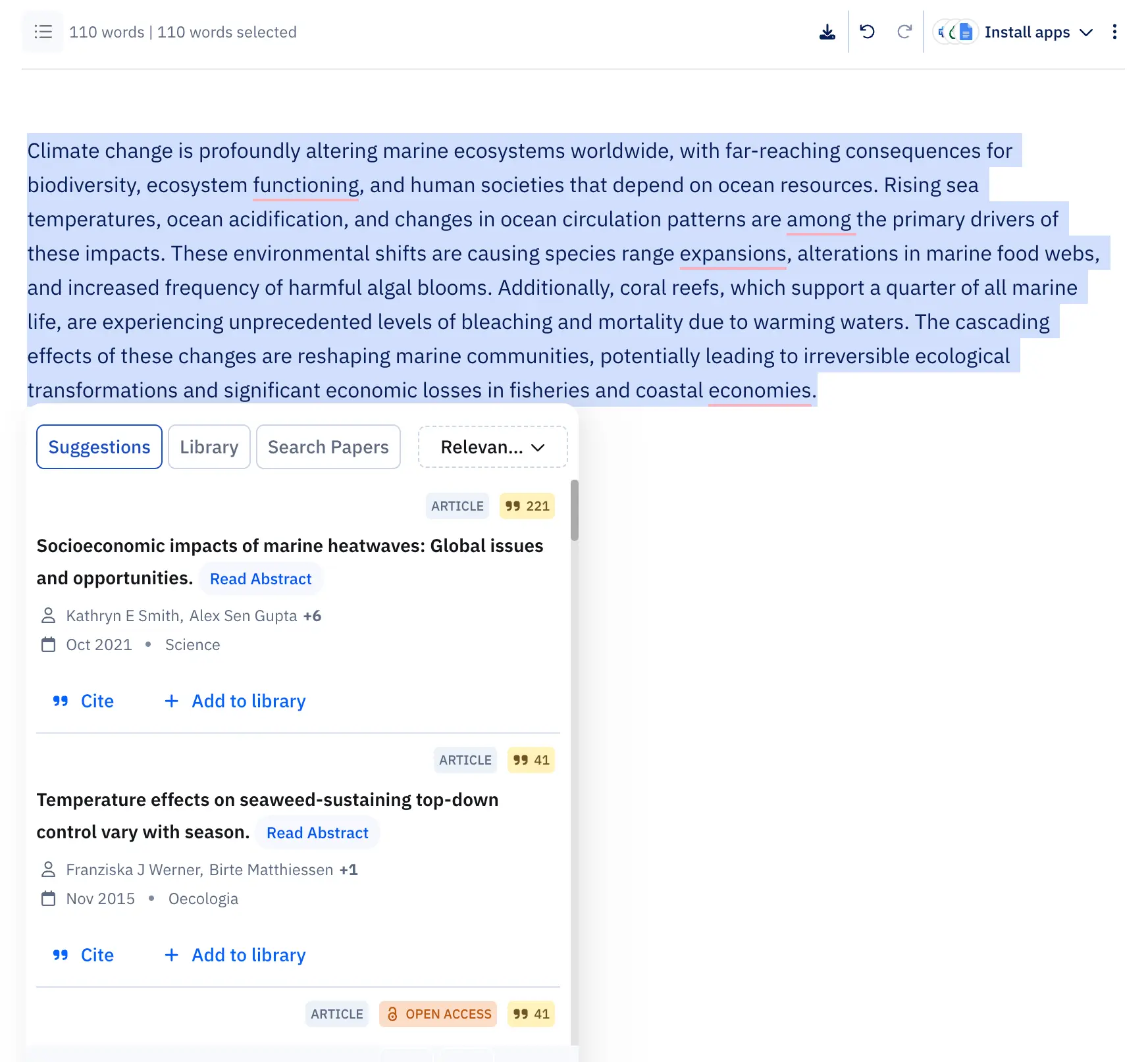 Paperpal automatically generating relevant citations with its Cite feature