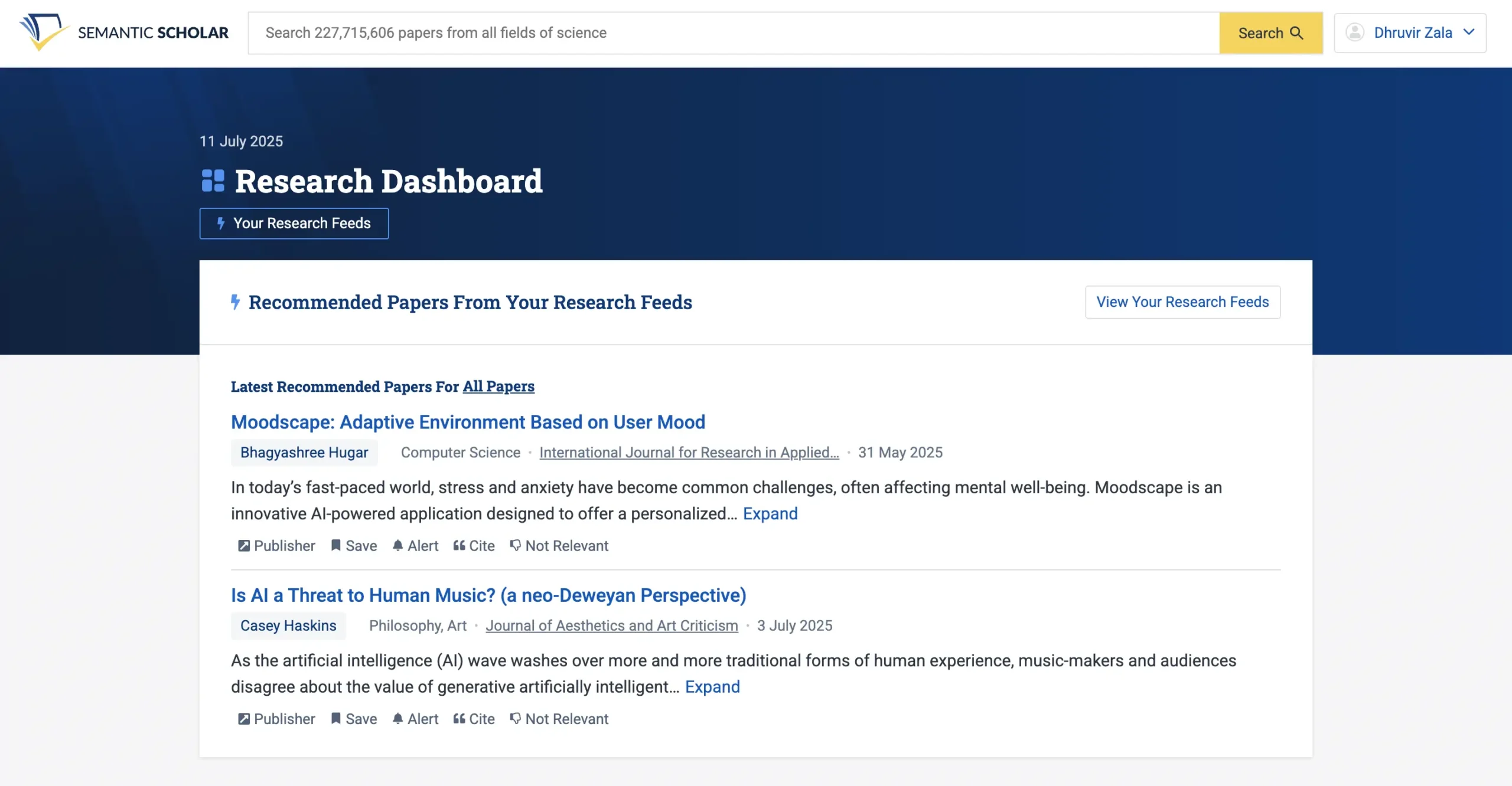 Semantic Scholar's AI recommending you the best papers based on what you add to the library