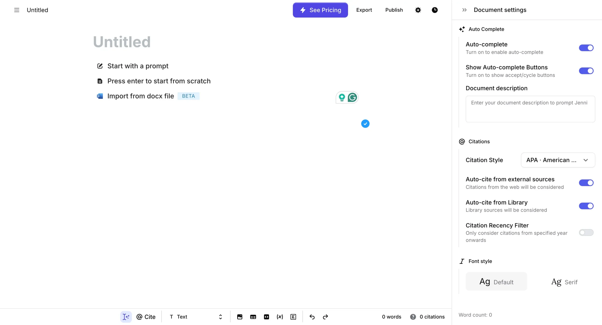Setting document preferences in Jenni AI