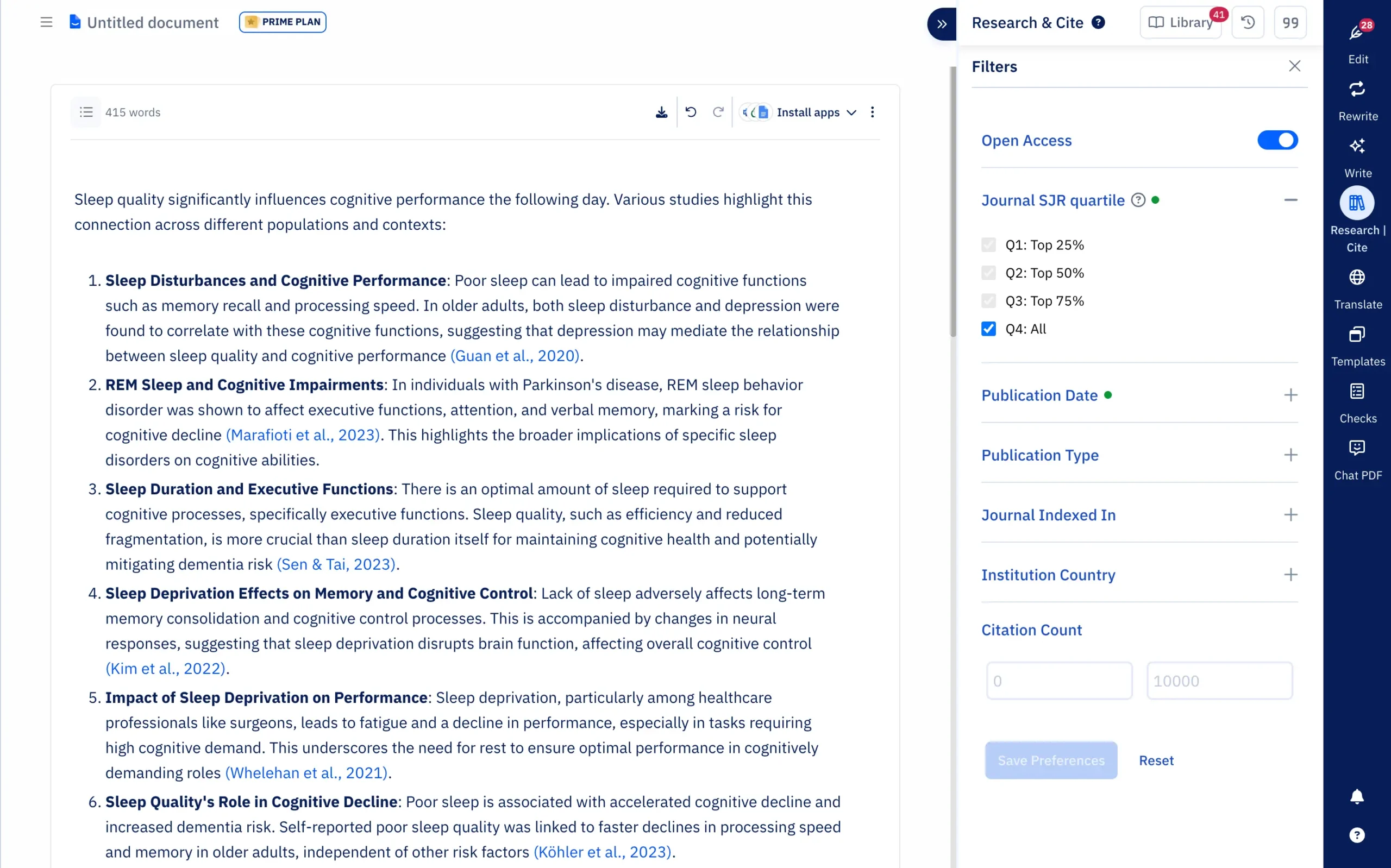 Setting preferences in Paperpal's Research and Cite
